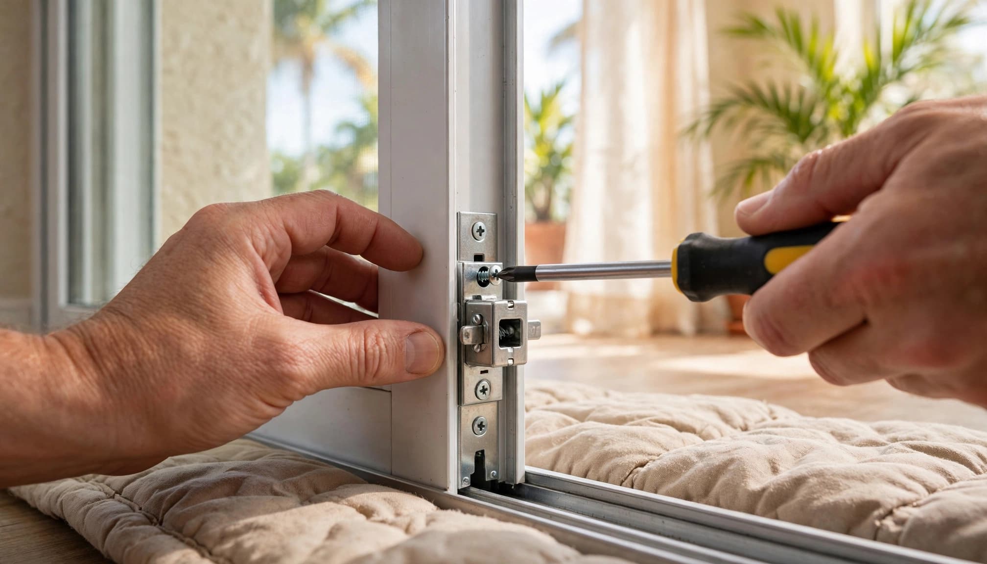 Hands remove a metal mortise lock from the edge of a patio glass door with a screwdriver.