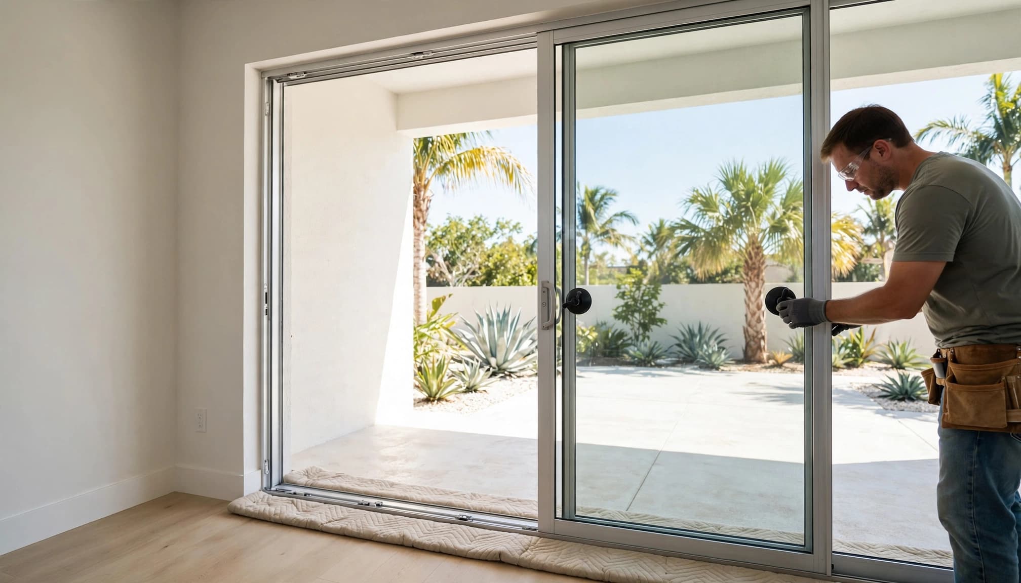 Homeowner positions a sliding patio door panel on a padded runner.