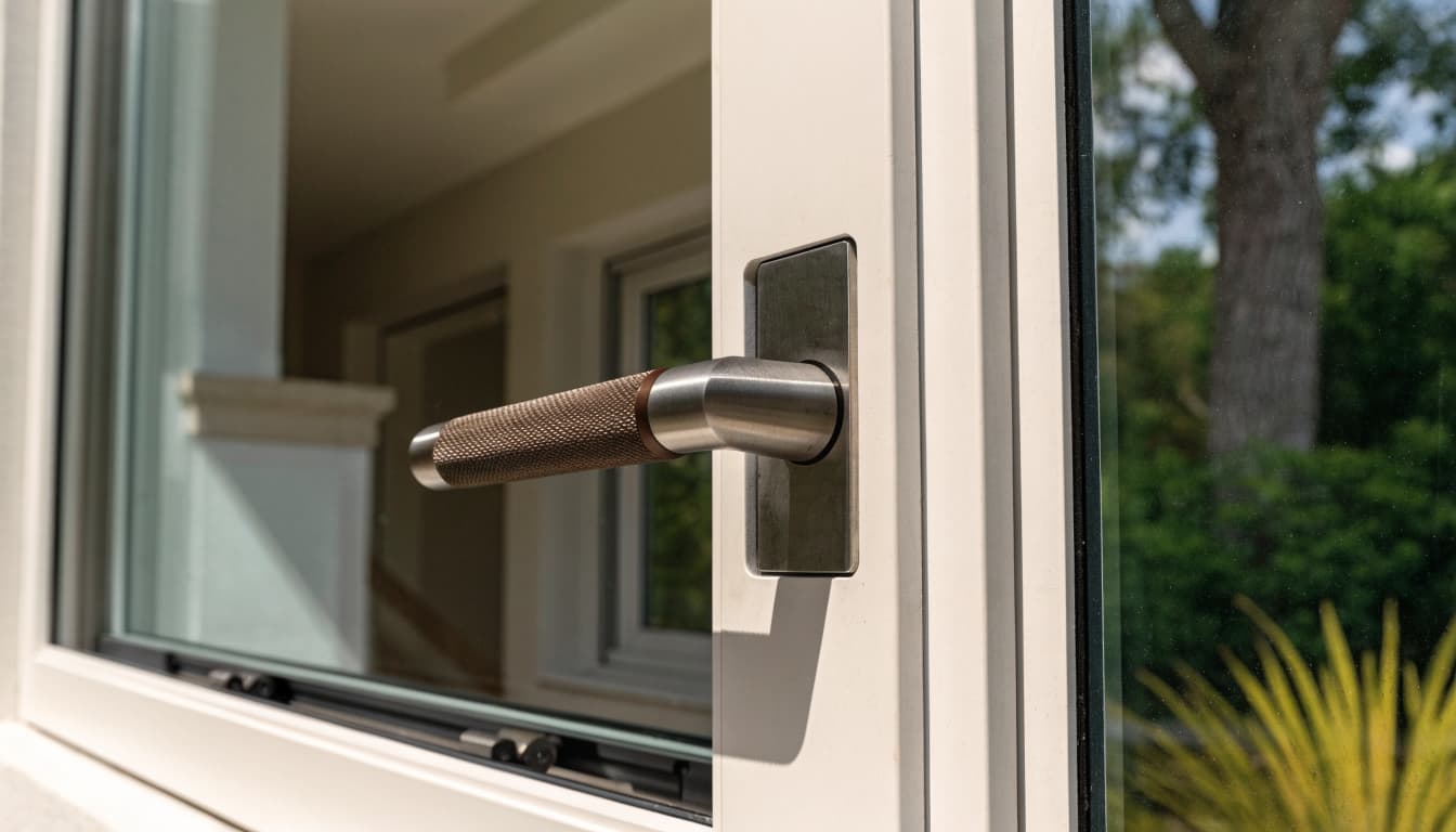 A replacement handle fitted to a sliding glass patio door beside a bright patio.
