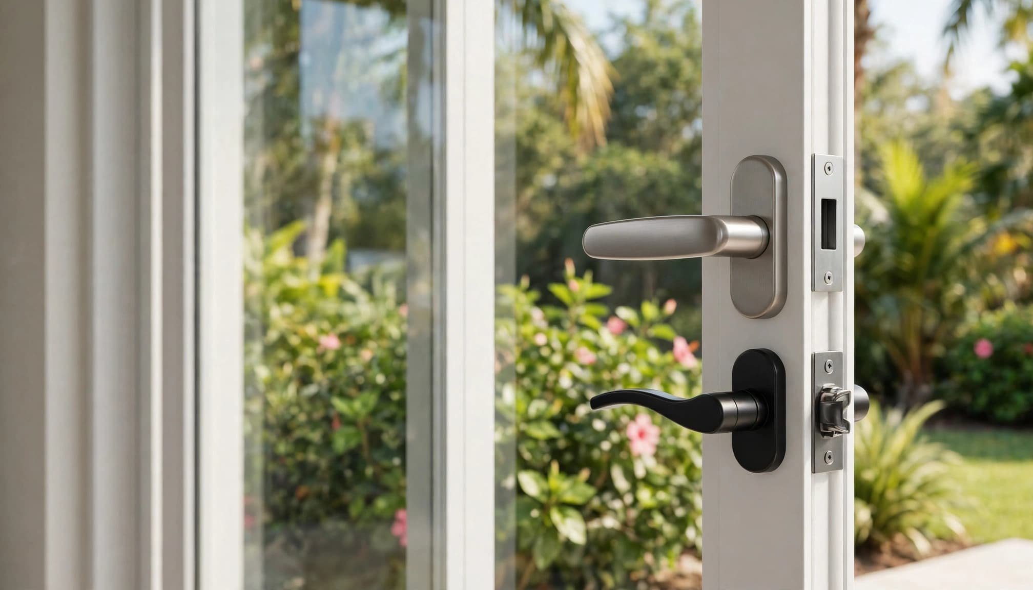 A retrofit handle mounted on a white-framed patio door overlooks a leafy garden.