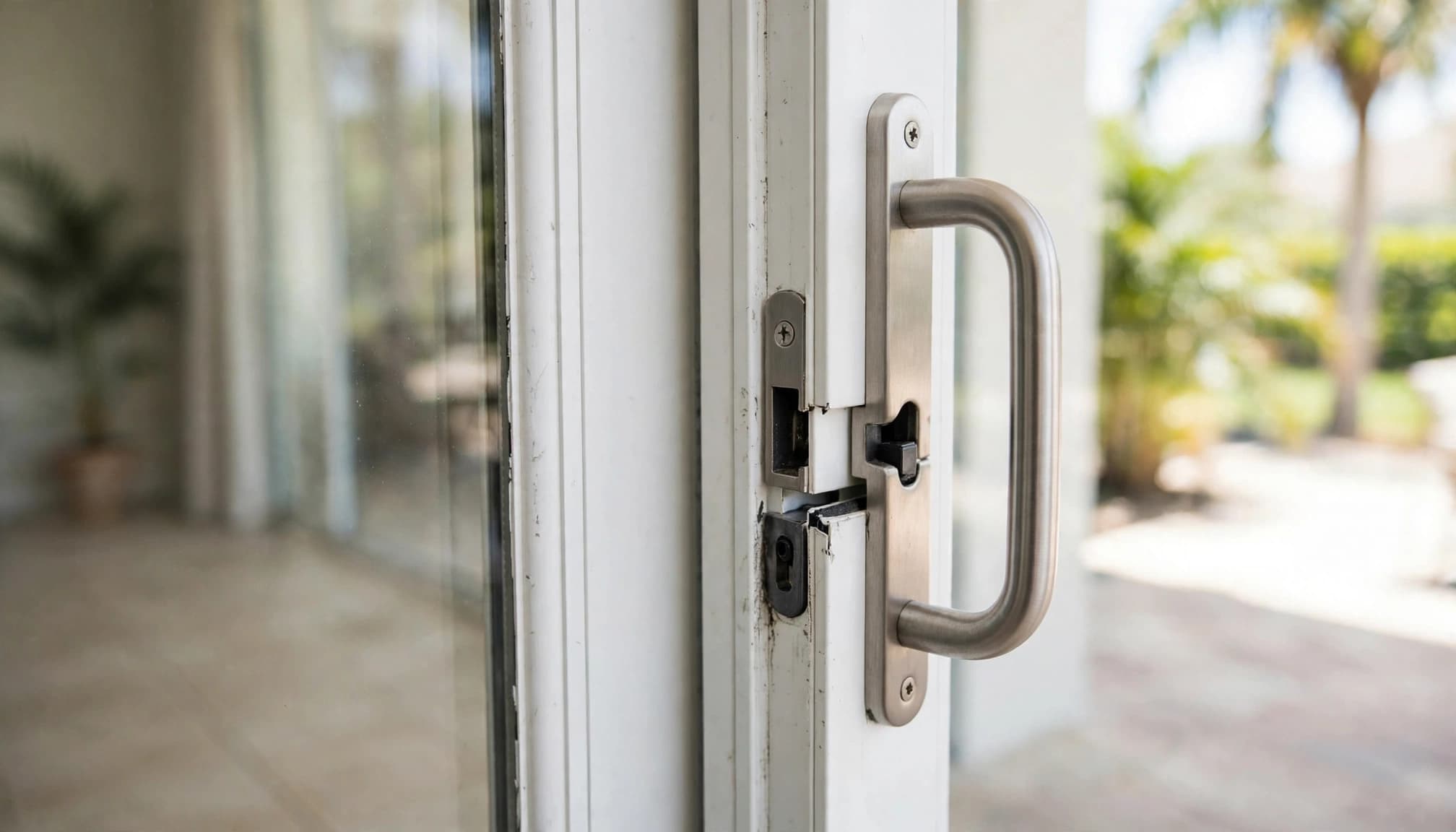 A white patio door handle sits slightly away from the recessed latch.