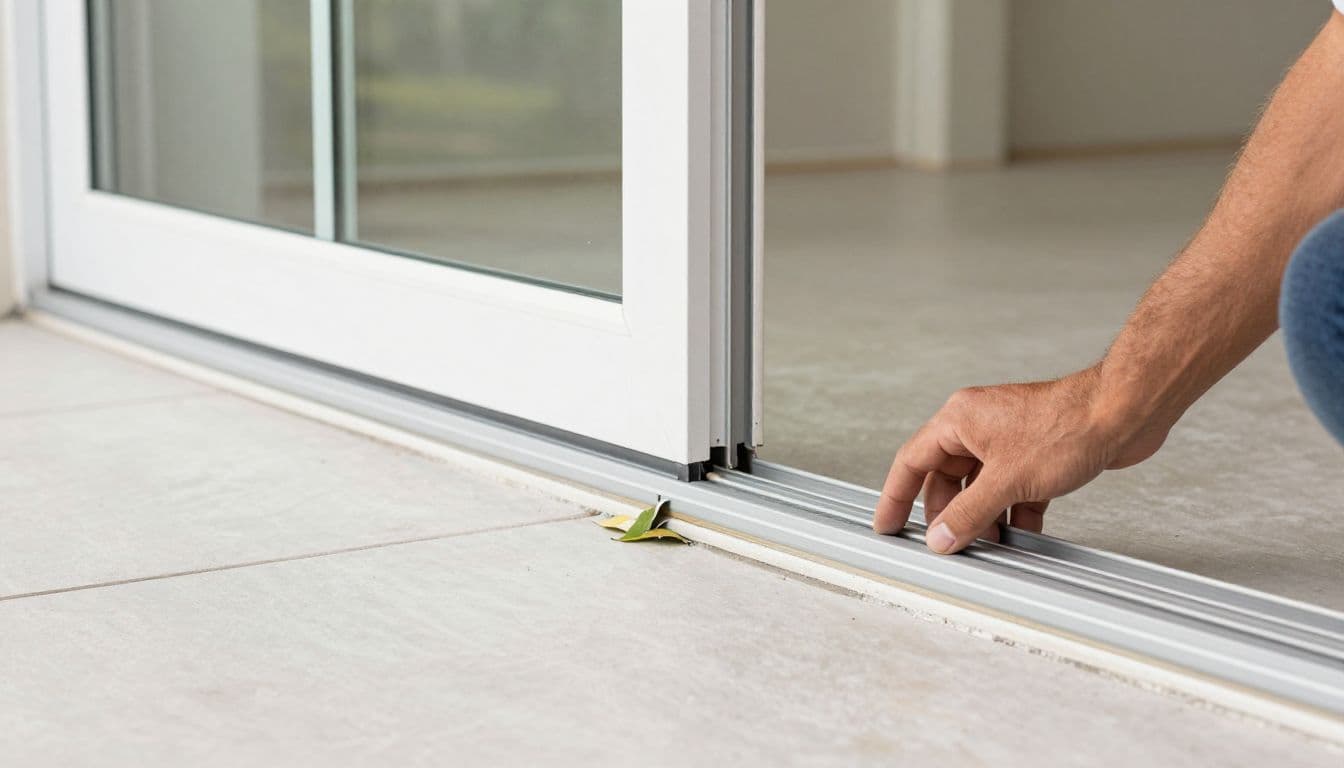 Homeowner inspecting a bent patio door sill with leaves along the track.