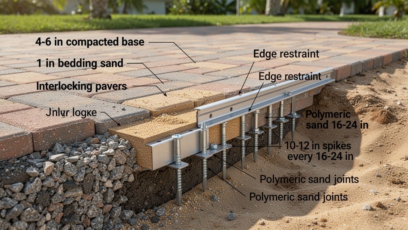 Crisp 3D cutaway diagram illustrating proper paver edge restraint installation with compacted gravel base, bedding sand, interlocking pavers, polymeric sand joints, and anchored edge strip for stability in Cape Coral, Florida.