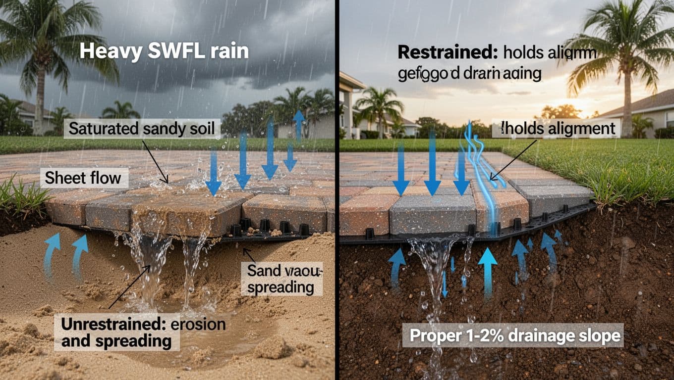 Side-by-side 3D diagram for Cape Coral homeowners showing unrestrained paver edges eroding under heavy rainfall on saturated sandy soil versus restrained edges maintaining alignment with proper drainage slope.