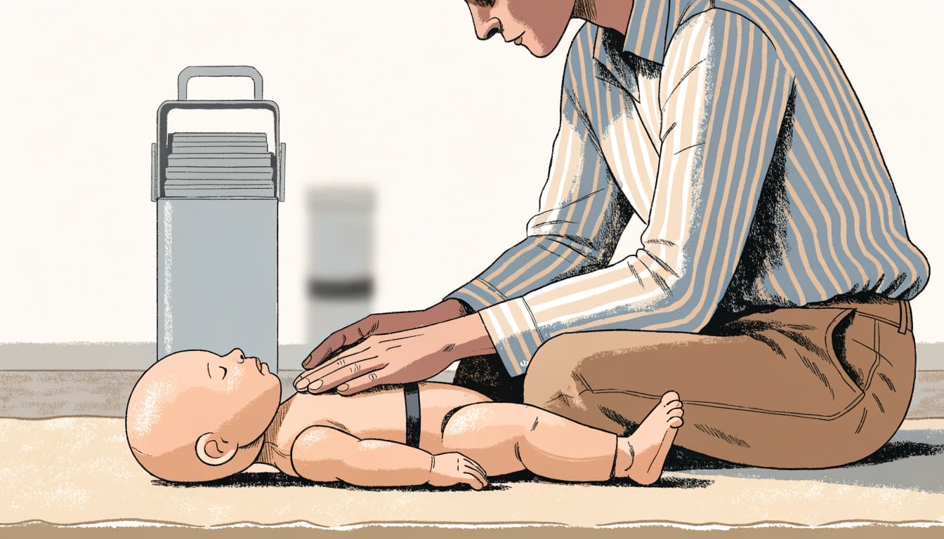 An adult in a striped shirt practices infant CPR on a doll on a mat.