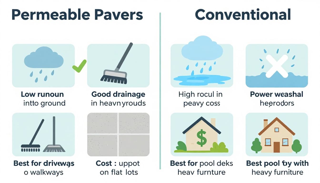 Side-by-side infographic comparing permeable pavers and conventional pavers or concrete slabs for Cape Coral, Florida conditions, highlighting drainage, maintenance, costs, and ideal uses.