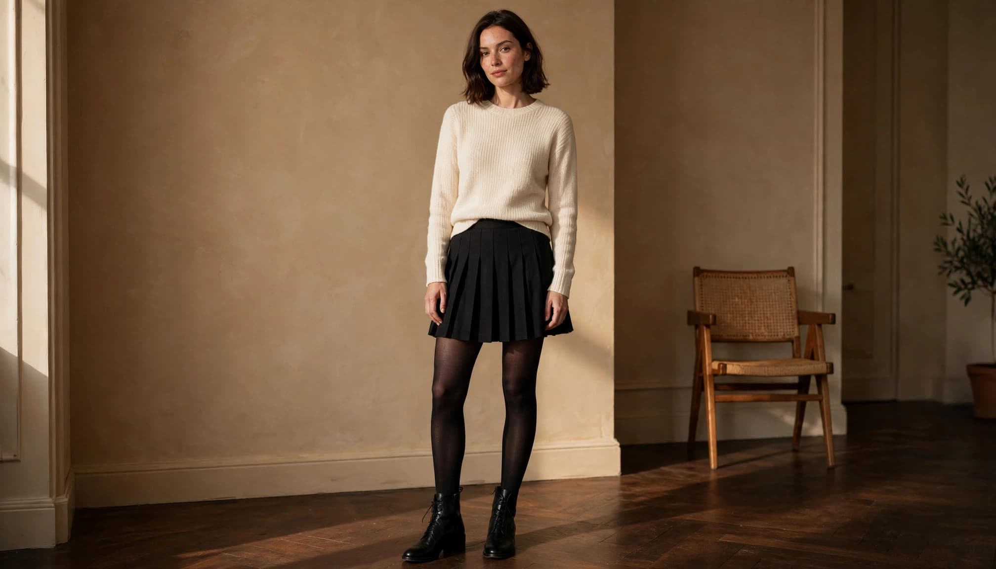 Petite woman in a black skirt, opaque tights, cream top, and ankle boots indoors.
