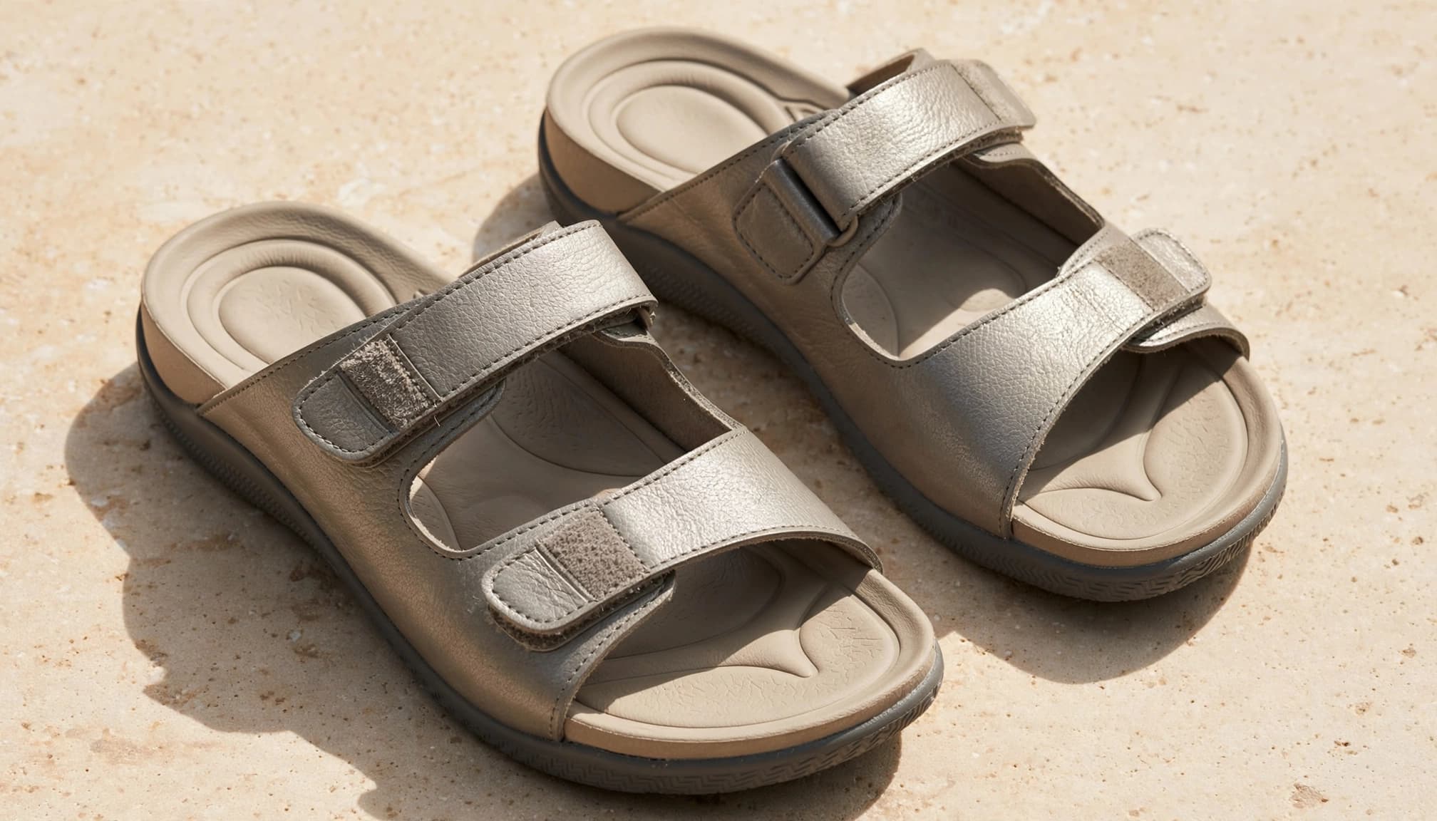 Pewter sandals with adjustable straps and contoured footbeds on a pale stone surface.
