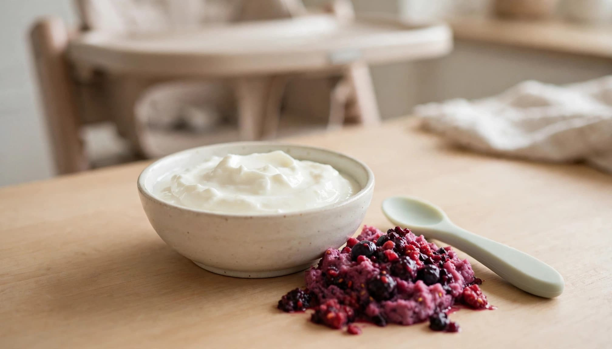 A small bowl of white yogurt with mashed berries and a soft spoon on a wooden table.
