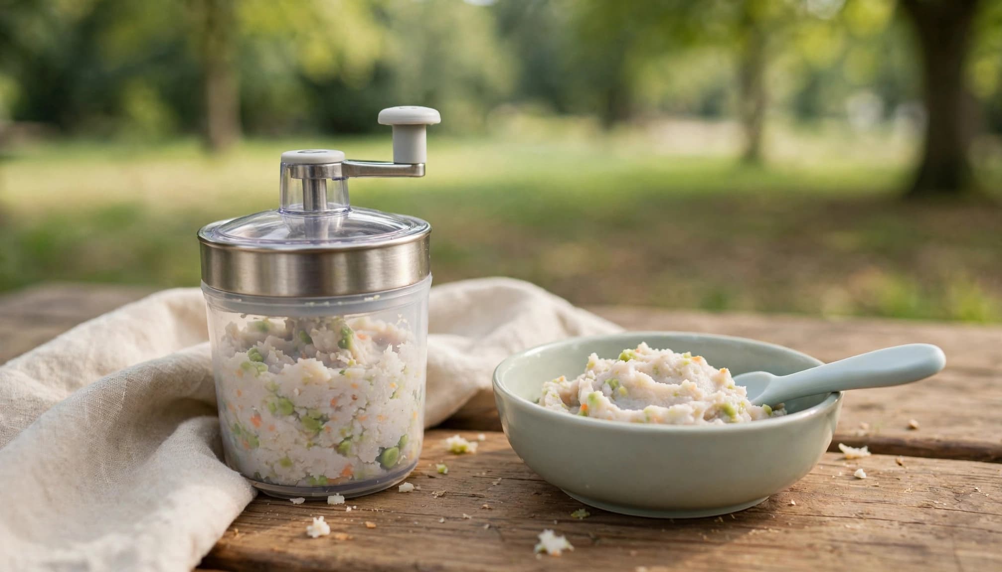 A baby food mill and bowl of mashed fish and vegetables on a picnic table.