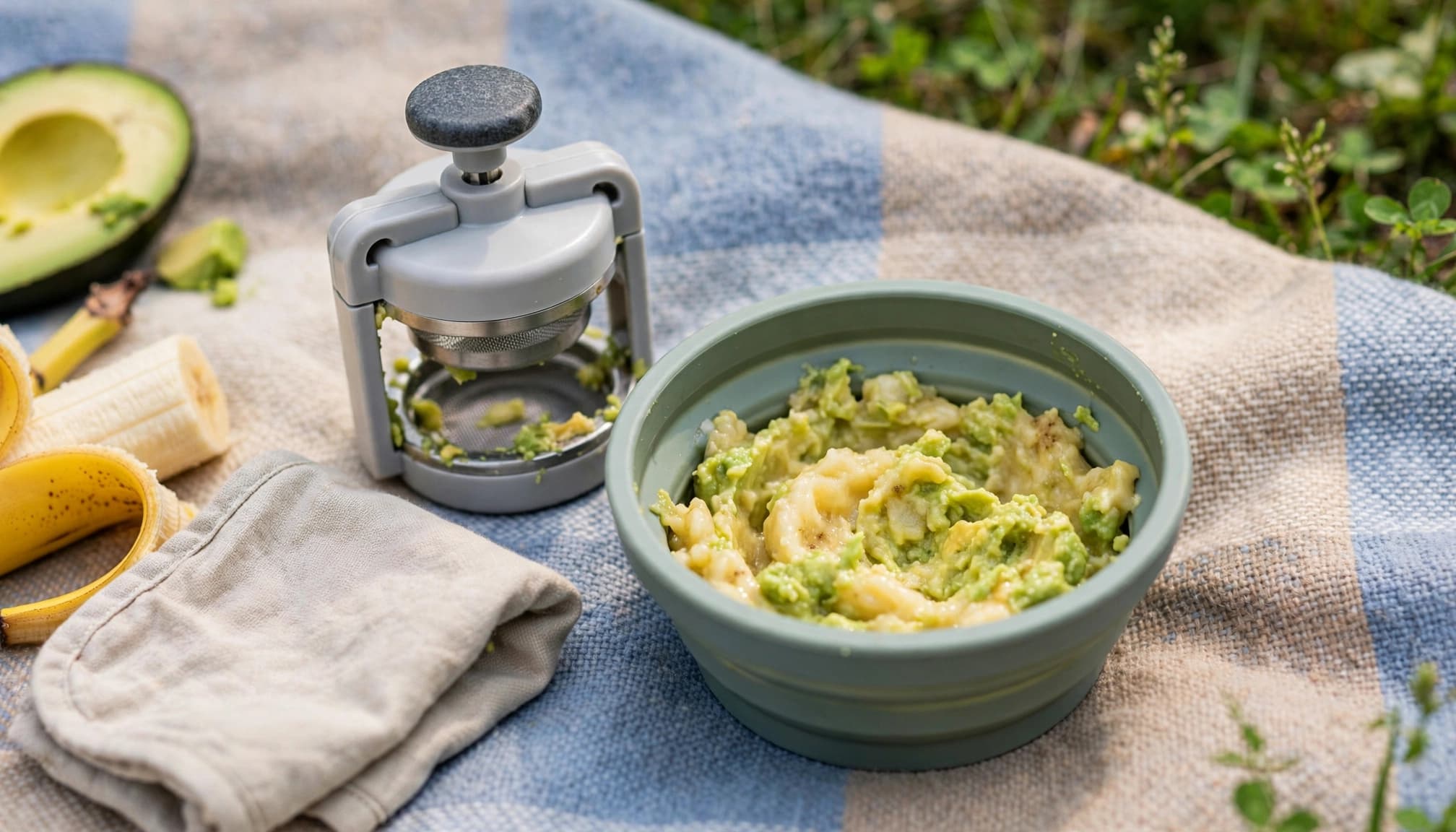 A hand masher and travel bowl of banana and avocado sit on a picnic blanket.