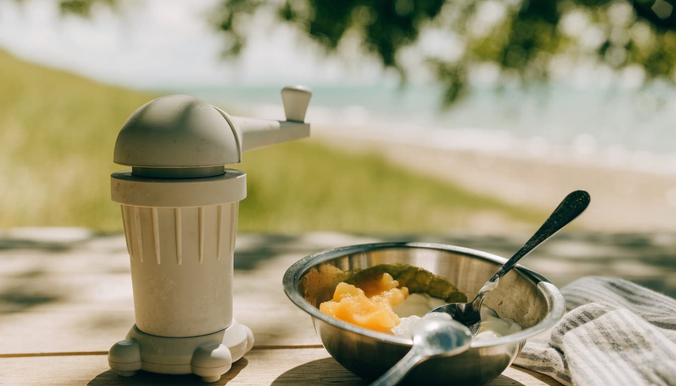 A manual food mill and bowl of peach and yogurt sit on a picnic table.