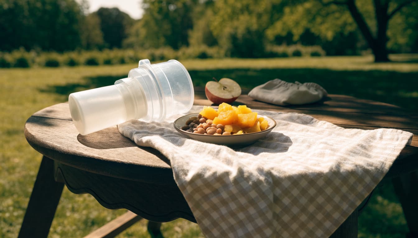 A hand-powered food mill beside mashed lentils, vegetables, fruit, and a folded bib.
