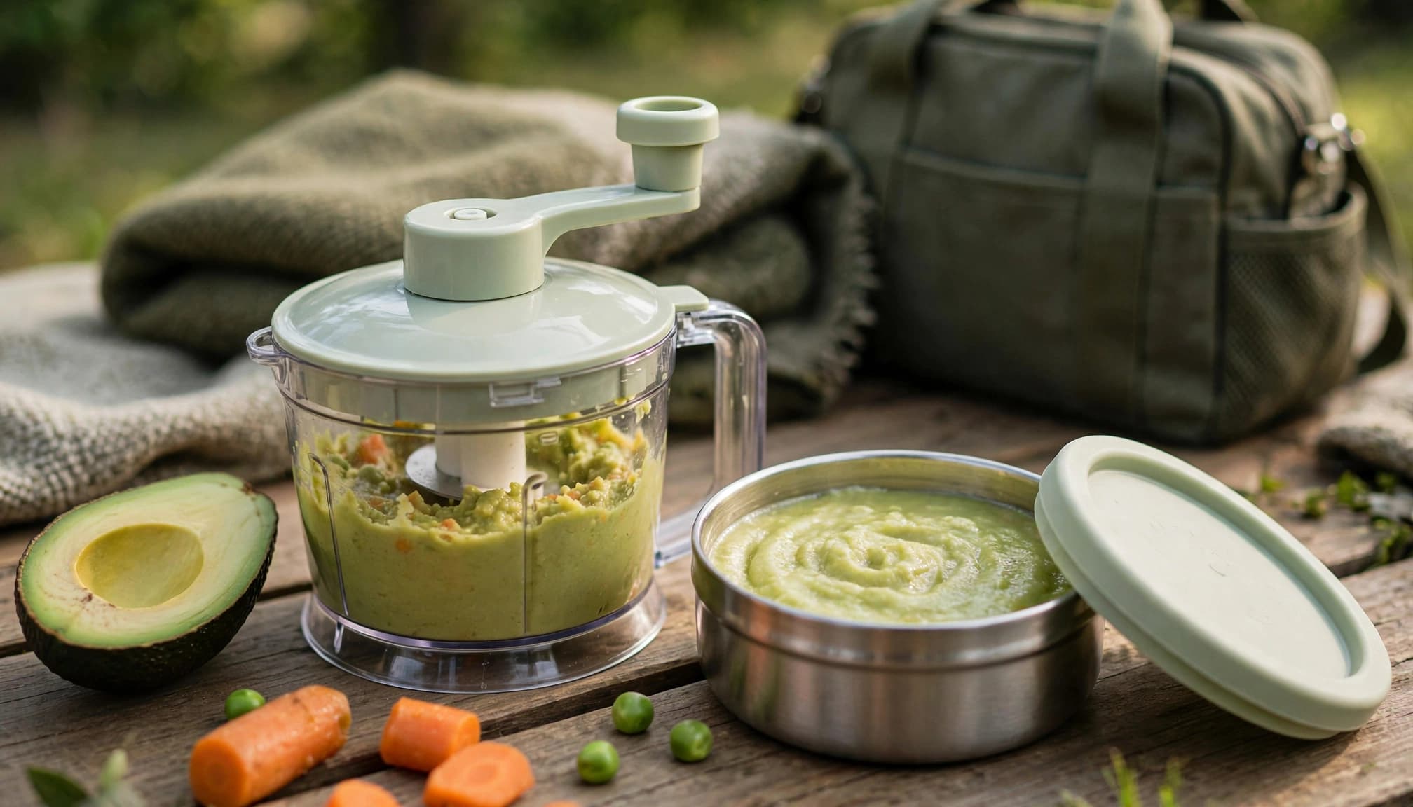 A manual baby food processor with green puree, a container of puree, and avocado on a wooden table.