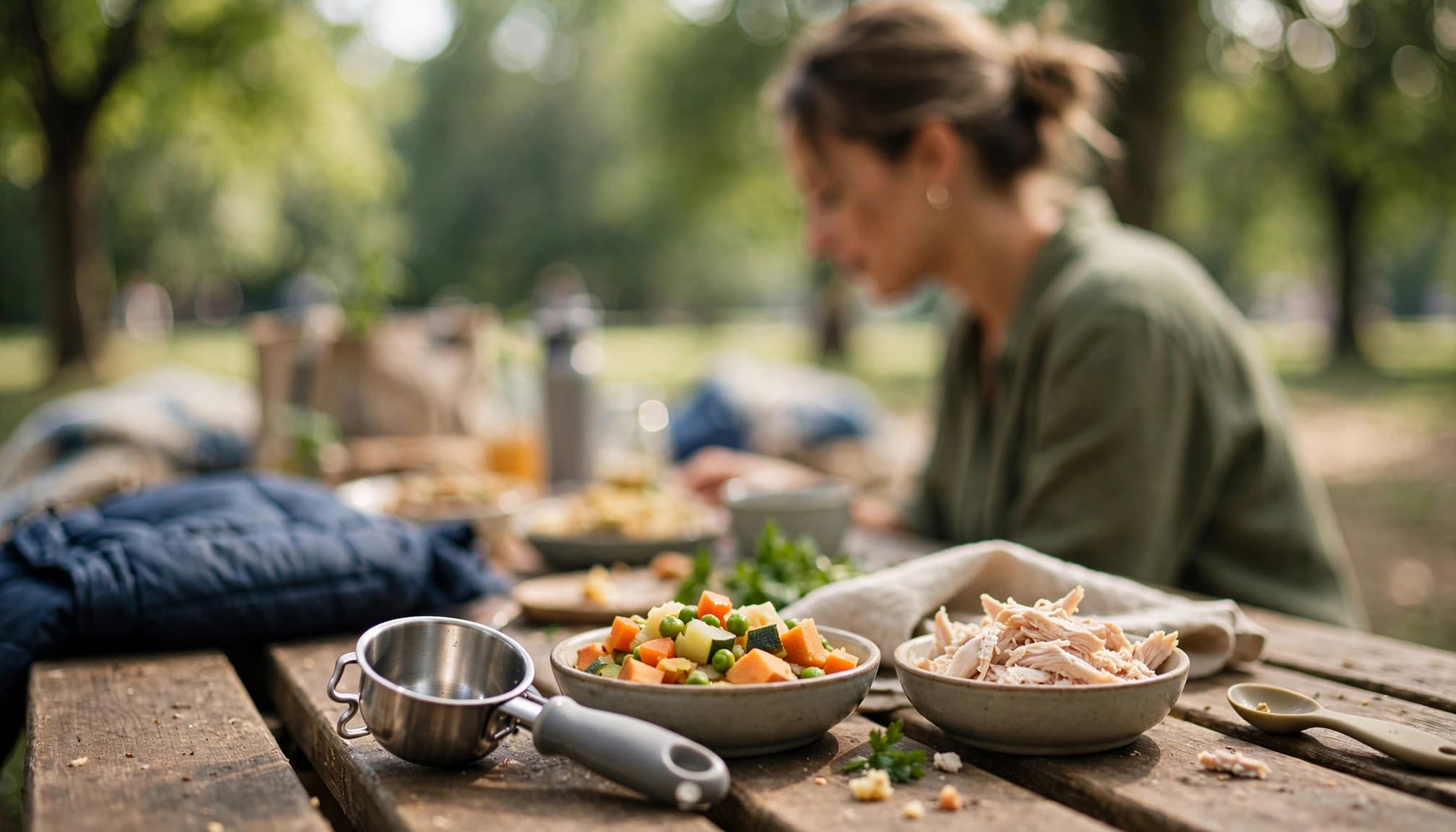 A baby food masher and bowl of vegetables and chicken on a picnic table.