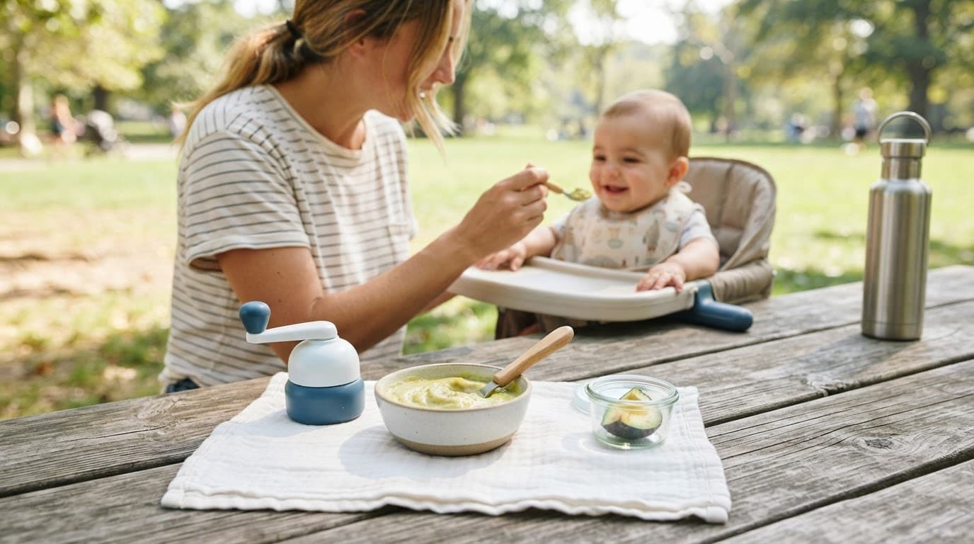 Mashed banana and avocado with a hand-powered baby food tool on a sunny picnic table.