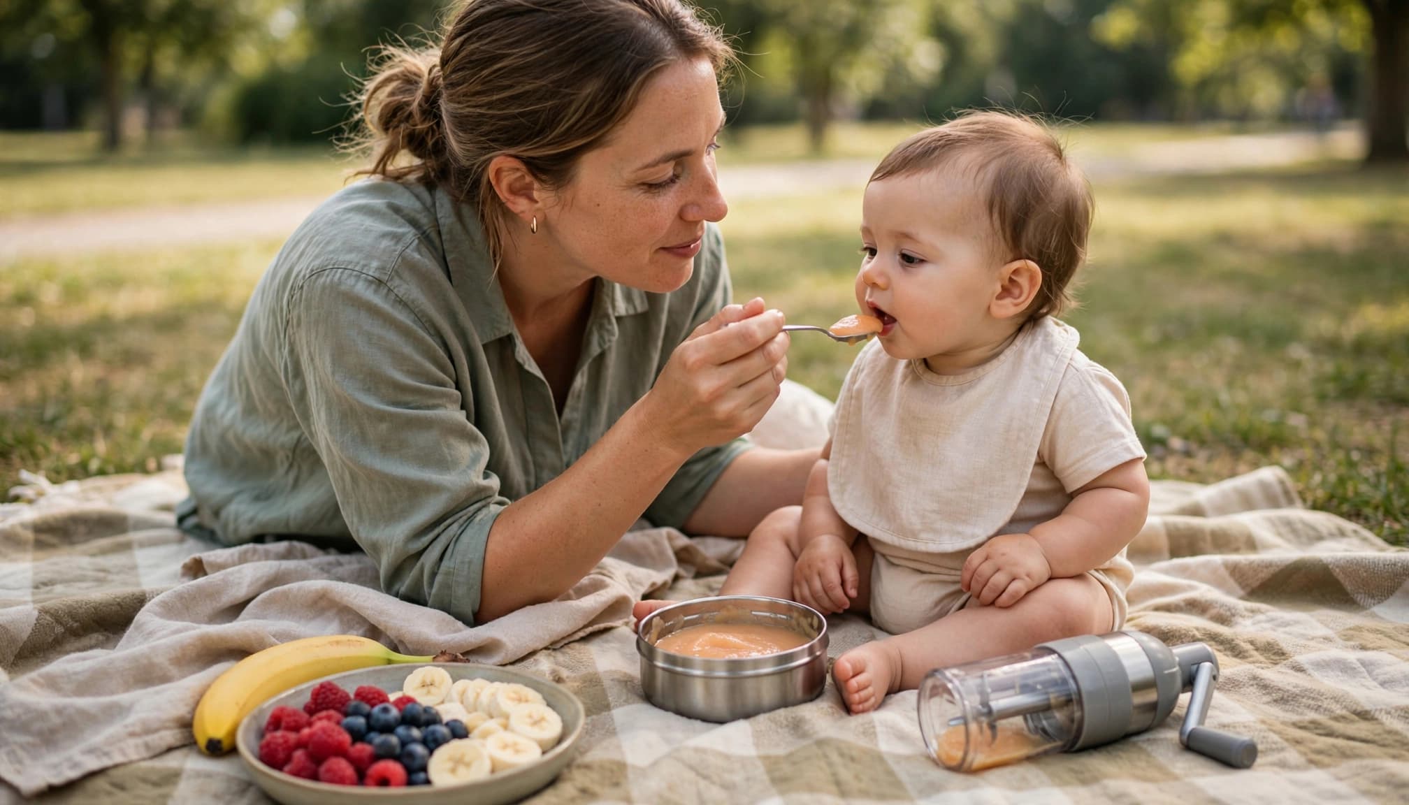 Parent feeds a baby fruit puree outdoors beside a portable blender and fresh fruit.