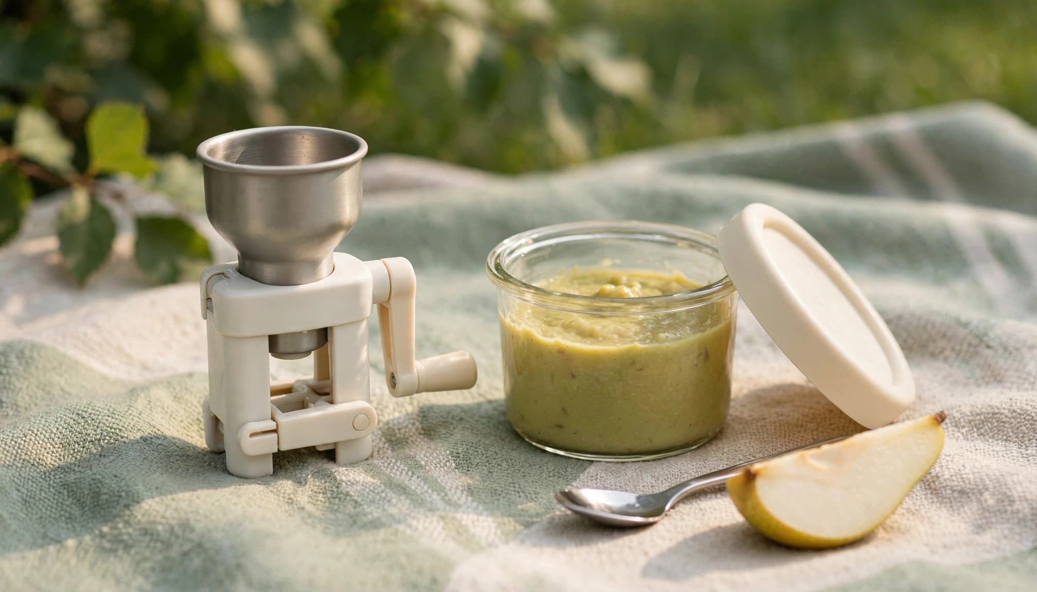 A portable food mill, puree container, pear wedge, and spoon arranged on a picnic blanket.