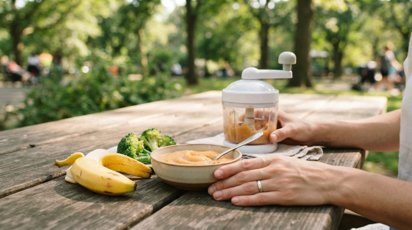 Mashed pear and lentils sit beside soft fruit, broccoli, and a baby food blender.