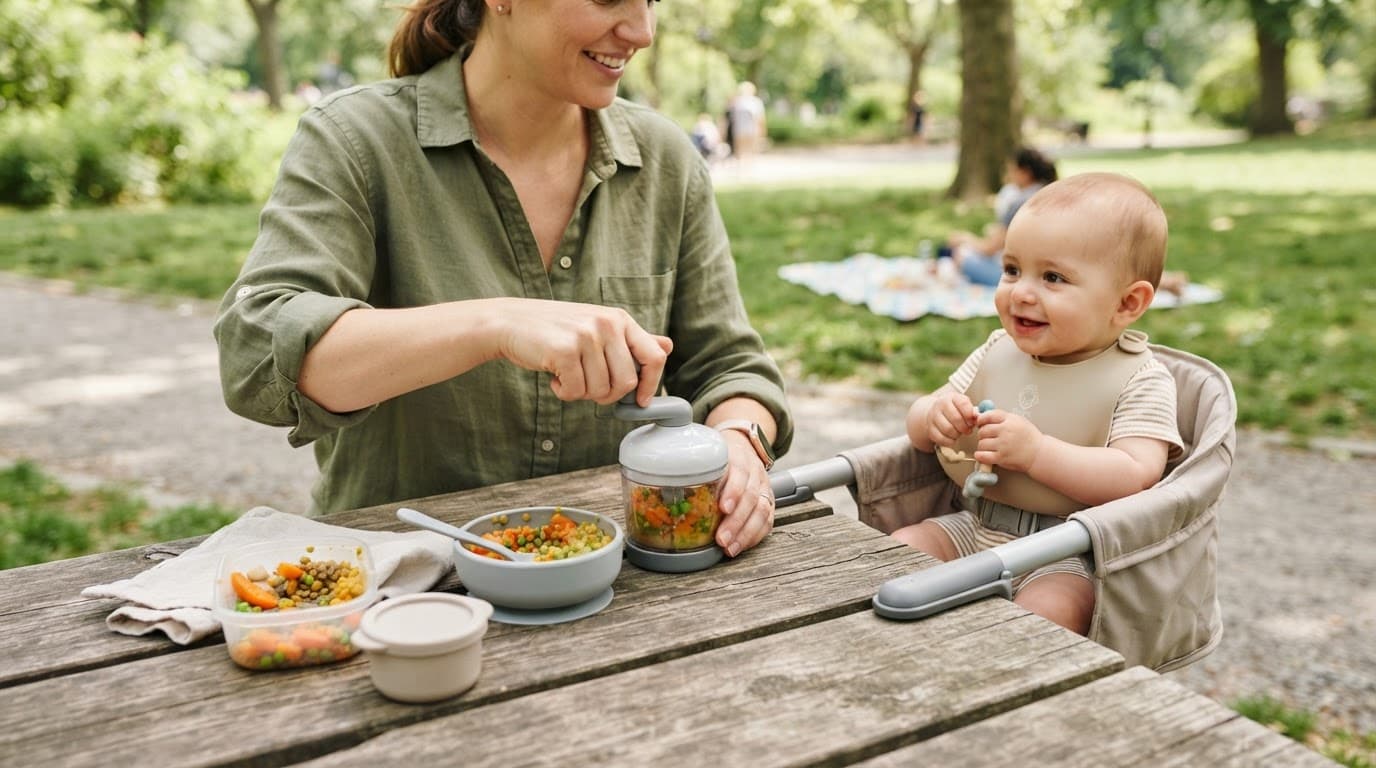 Caregiver prepares mashed vegetables for a baby at a sunny picnic table.