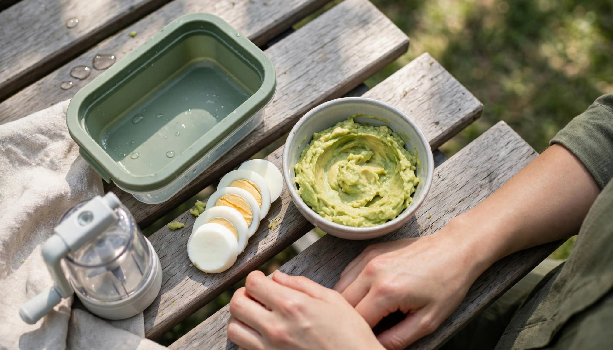Sliced egg and mashed avocado beside a small bowl and portable food blender.