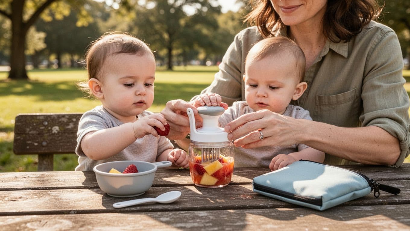 Parent and baby at a picnic table with fresh fruit and a hand-powered food masher.