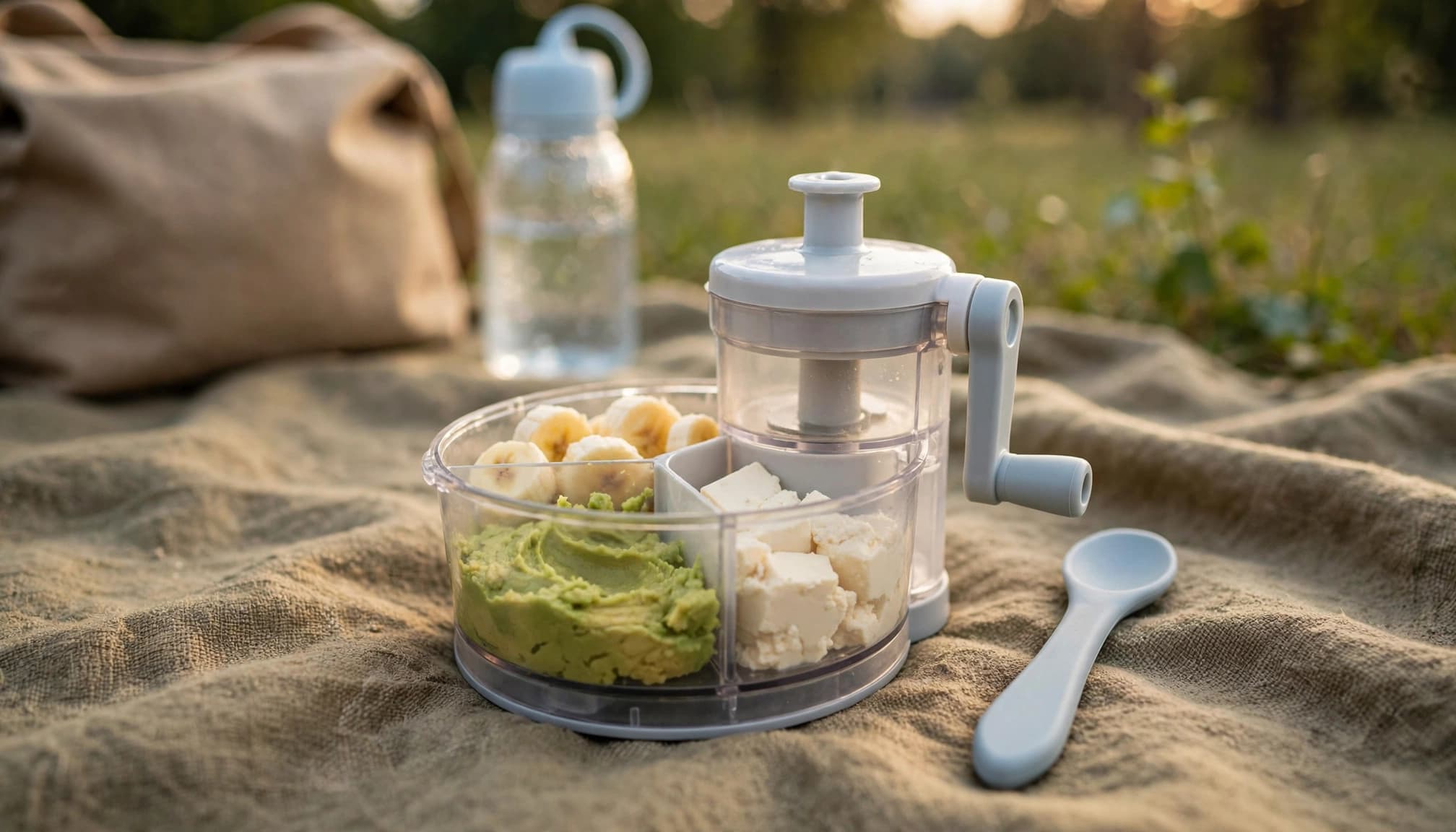 A hand-powered baby food maker with avocado, tofu, banana, and a spoon on a picnic blanket.