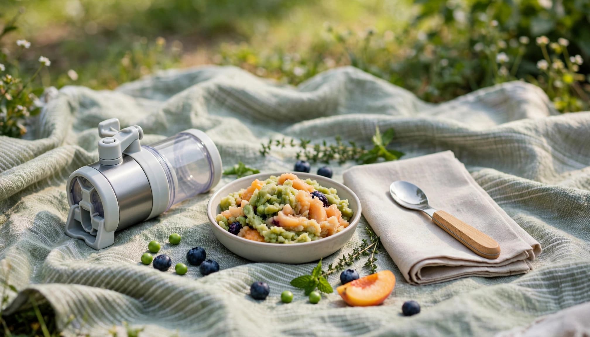 A baby-food grinder, mashed beans and fruit, spoon, and napkin rest on a picnic blanket.