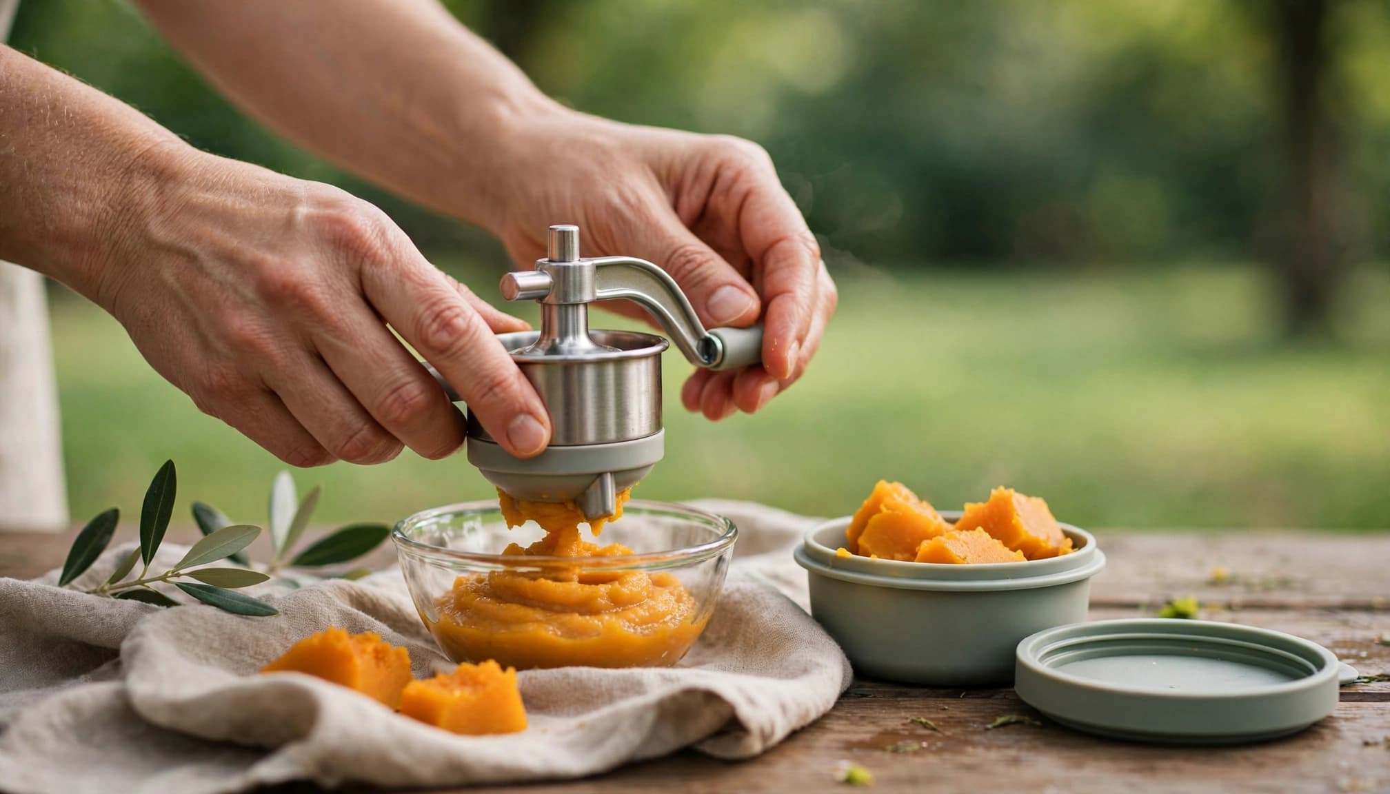 Hands prepare mashed pumpkin beside a small food mill and container at a picnic table.