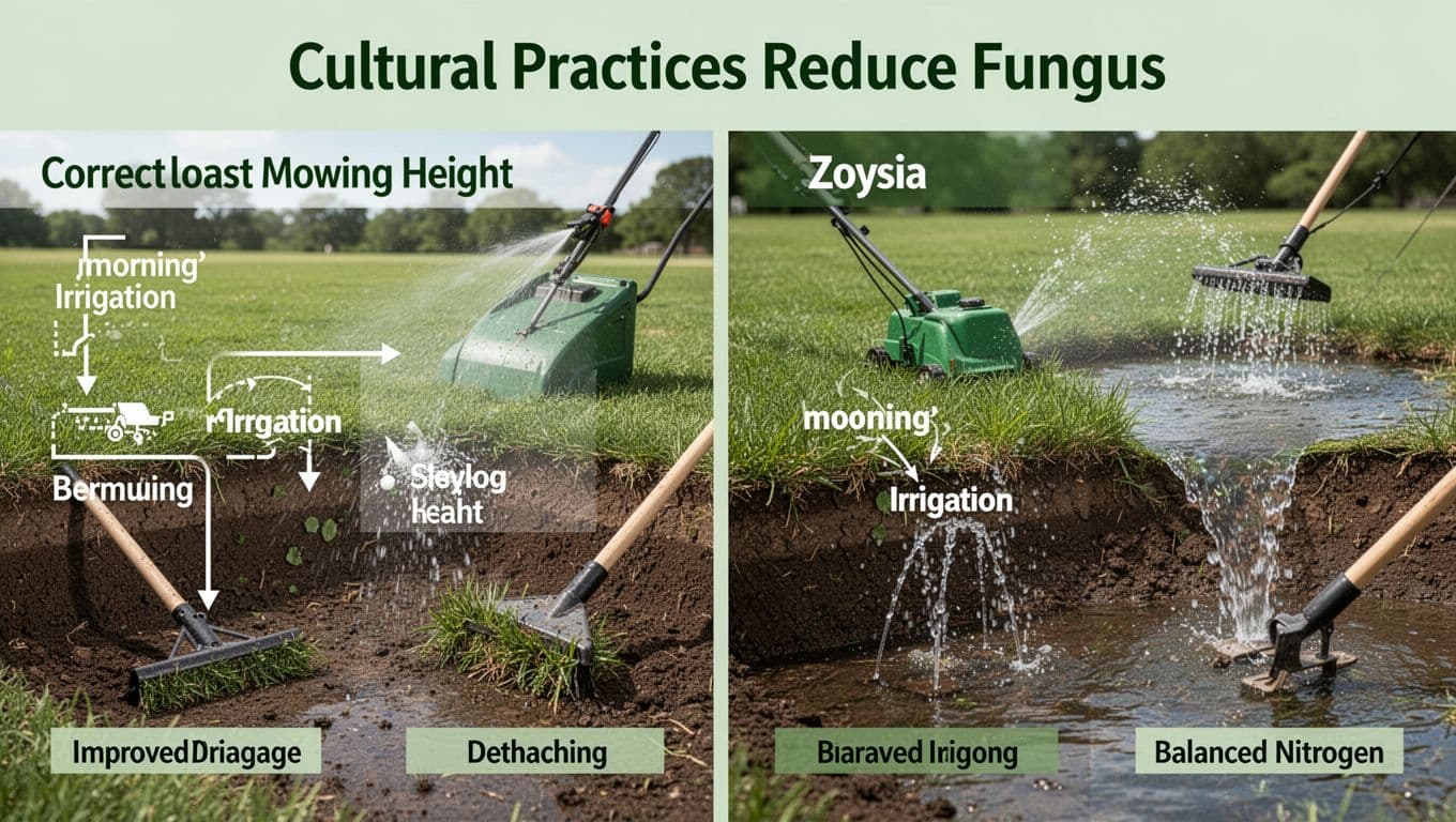 Split-panel infographic detailing correct mowing height, morning irrigation, improved drainage, dethatching, aeration, and balanced nitrogen to prevent fungus on Bermuda versus Zoysia lawns. Clean, realistic style with high-resolution natural colors, readable labels, and focus on grass, tools, and water features.