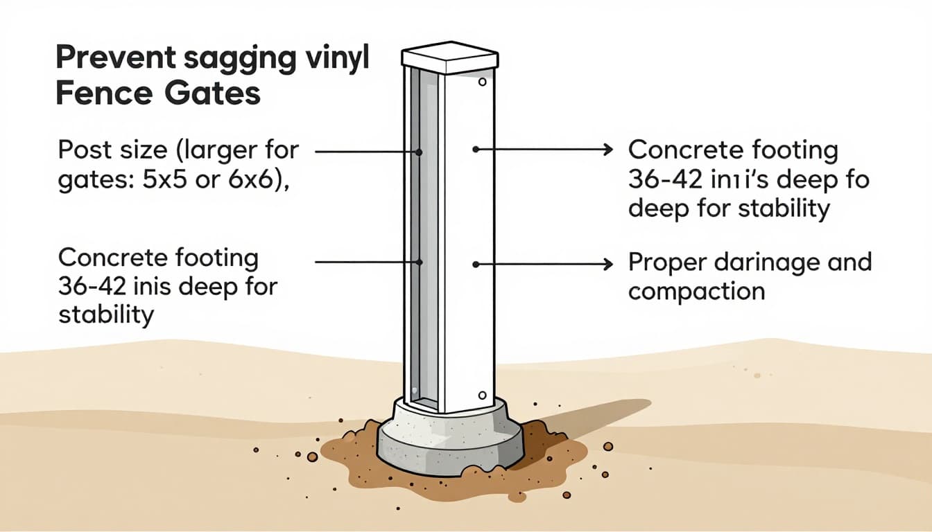 Instructional vector line art cross-section diagram of a vinyl fence gate post installation with concrete footing, bell-shaped base, metal stiffener, and compacted sandy soil to prevent sagging in Cape Coral, Florida.