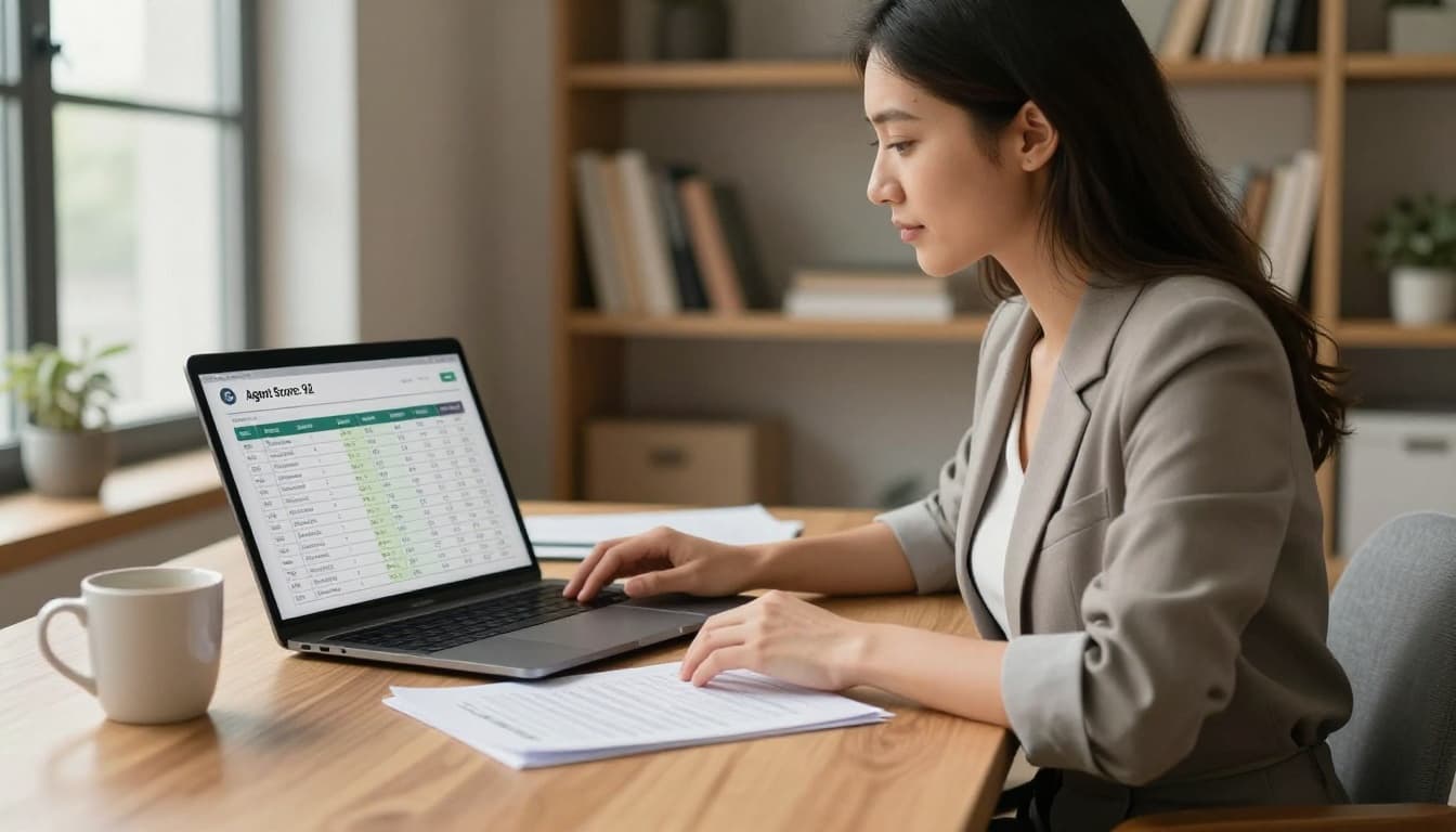 A professional female real estate agent sits relaxed at a wooden desk in a modern home office, reviewing documents and a laptop screen displaying 'Agent Score: 92'. Warm natural light illuminates the scene with a coffee mug and bookshelf in the background.