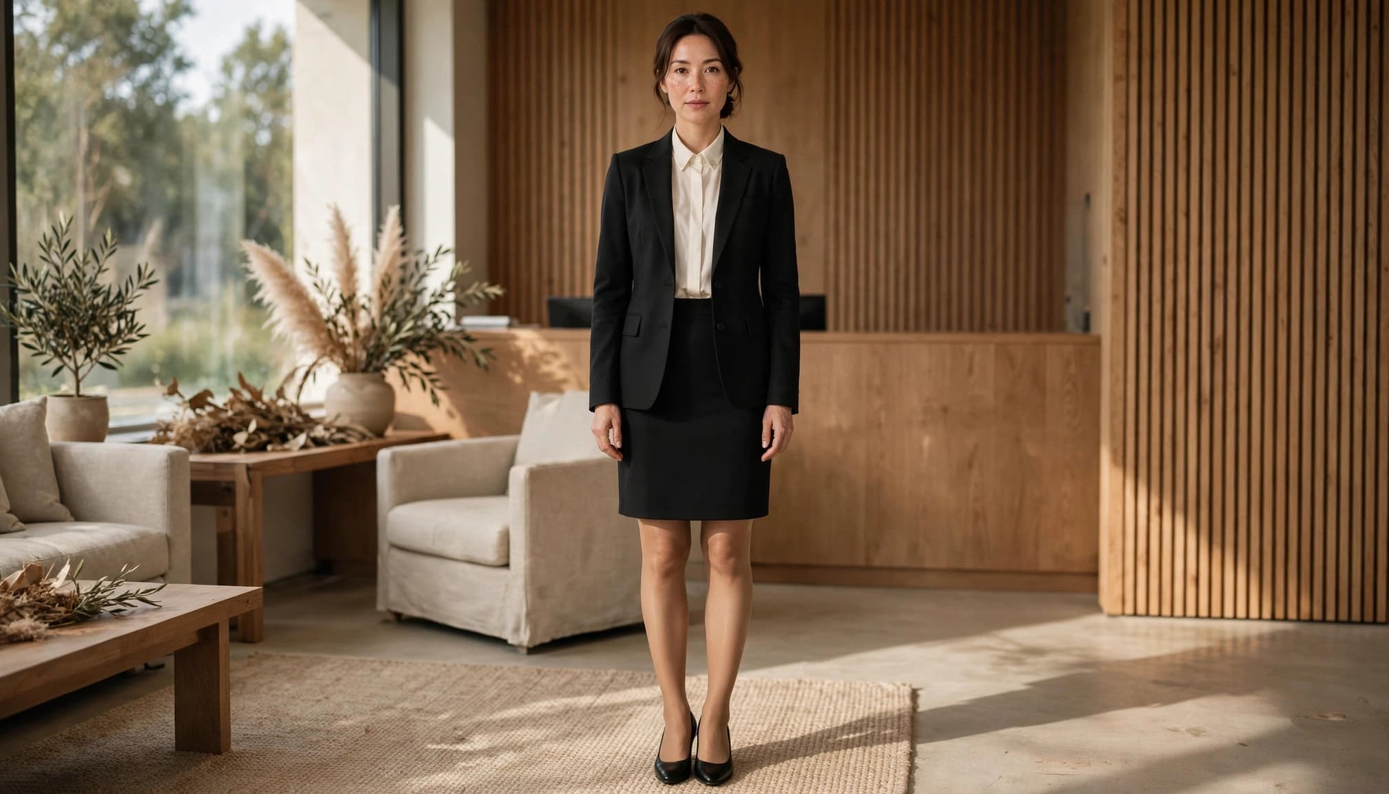 A woman in a black interview suit, sheer tan pantyhose, and black pumps stands in an office.