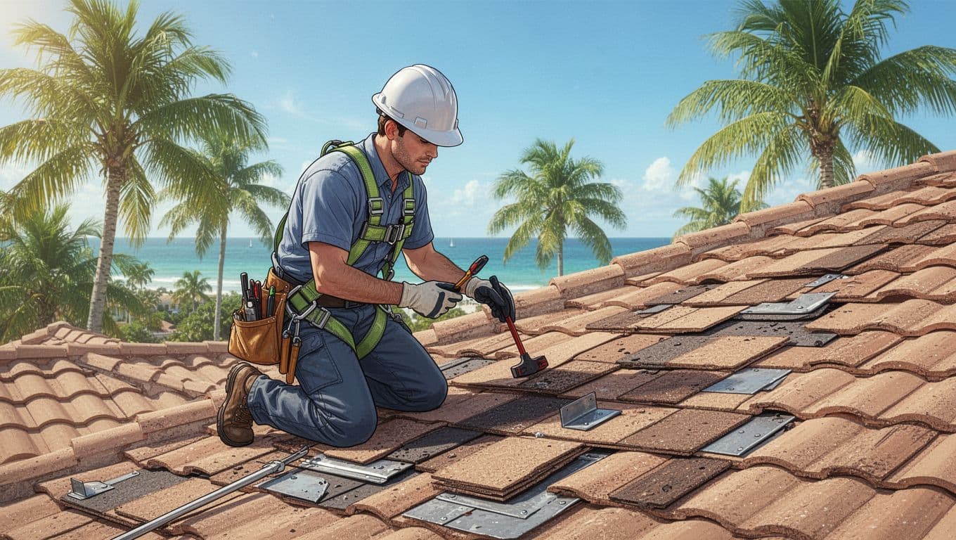 A professional roofer in safety gear kneels on a sloped tile roof of a residential home in sunny Southwest Florida, examining shingles with a tool. Background includes palm trees, clear blue sky, and distant Gulf coast.