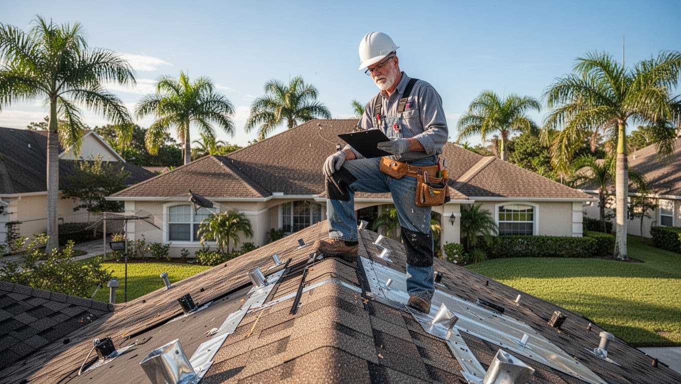 Photorealistic image of a middle-aged male roofer in work clothes and hard hat conducting a wind mitigation inspection on a sloped shingle roof of a suburban Florida home under clear blue skies with palm trees. Close-up details on roof shingles and flashing, sunny daylight with warm tones and realistic roofing materials.