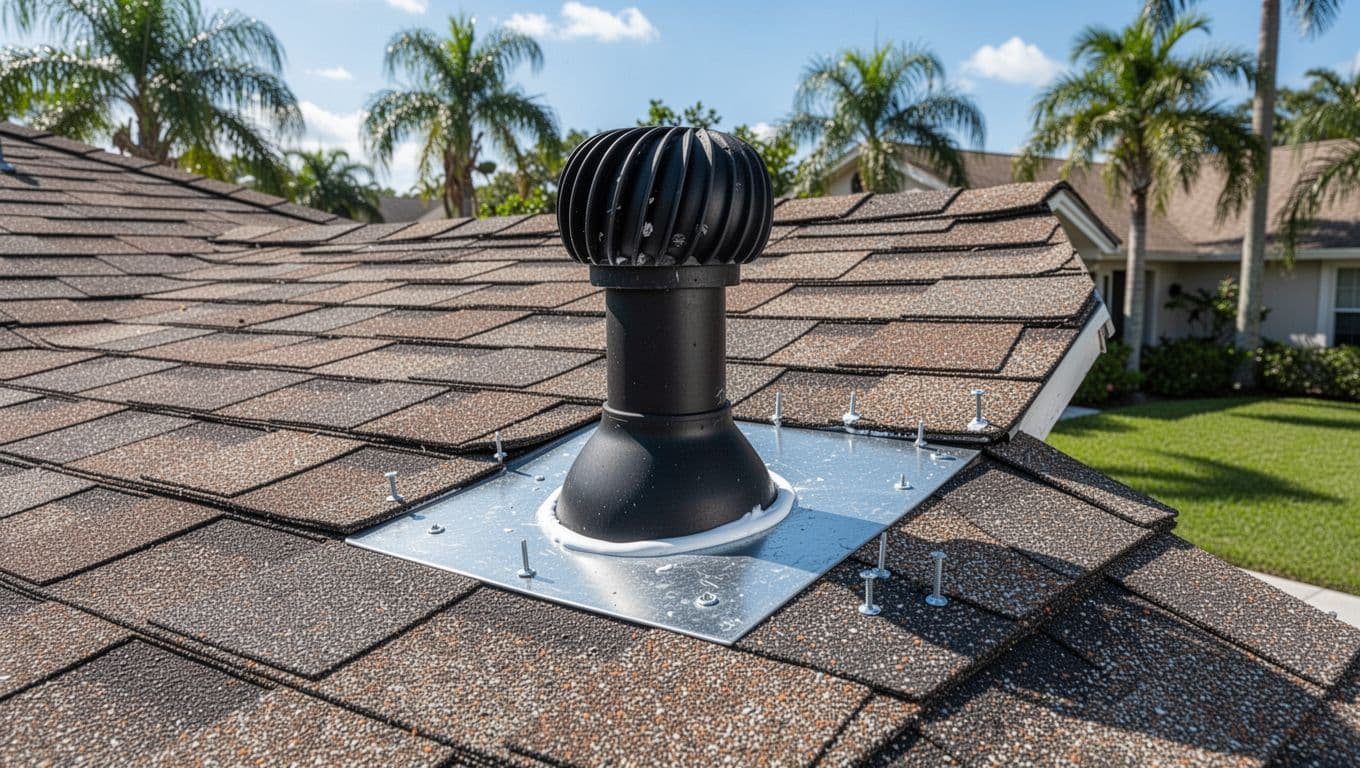 Photo-realistic image showing a properly installed plumbing vent pipe with intact black rubber boot and wide metal base flashing on an asphalt shingle roof in a sunny Florida neighborhood. Bright sunlight highlights clean shingles, sealant bead, and secure nailing with no defects.
