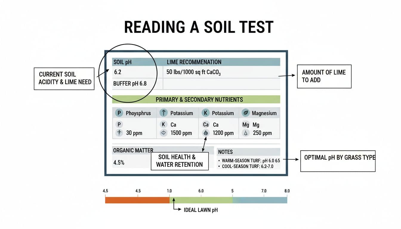 Clean, modern flat-vector infographic depicting a sample soil test report layout for Atlanta lawns, highlighting key sections like soil pH, buffer pH, lime recommendation, P, K, Ca, Mg, organic matter, and notes for warm-season vs cool-season turf, including a pH scale bar from 4.5 to 8.0.