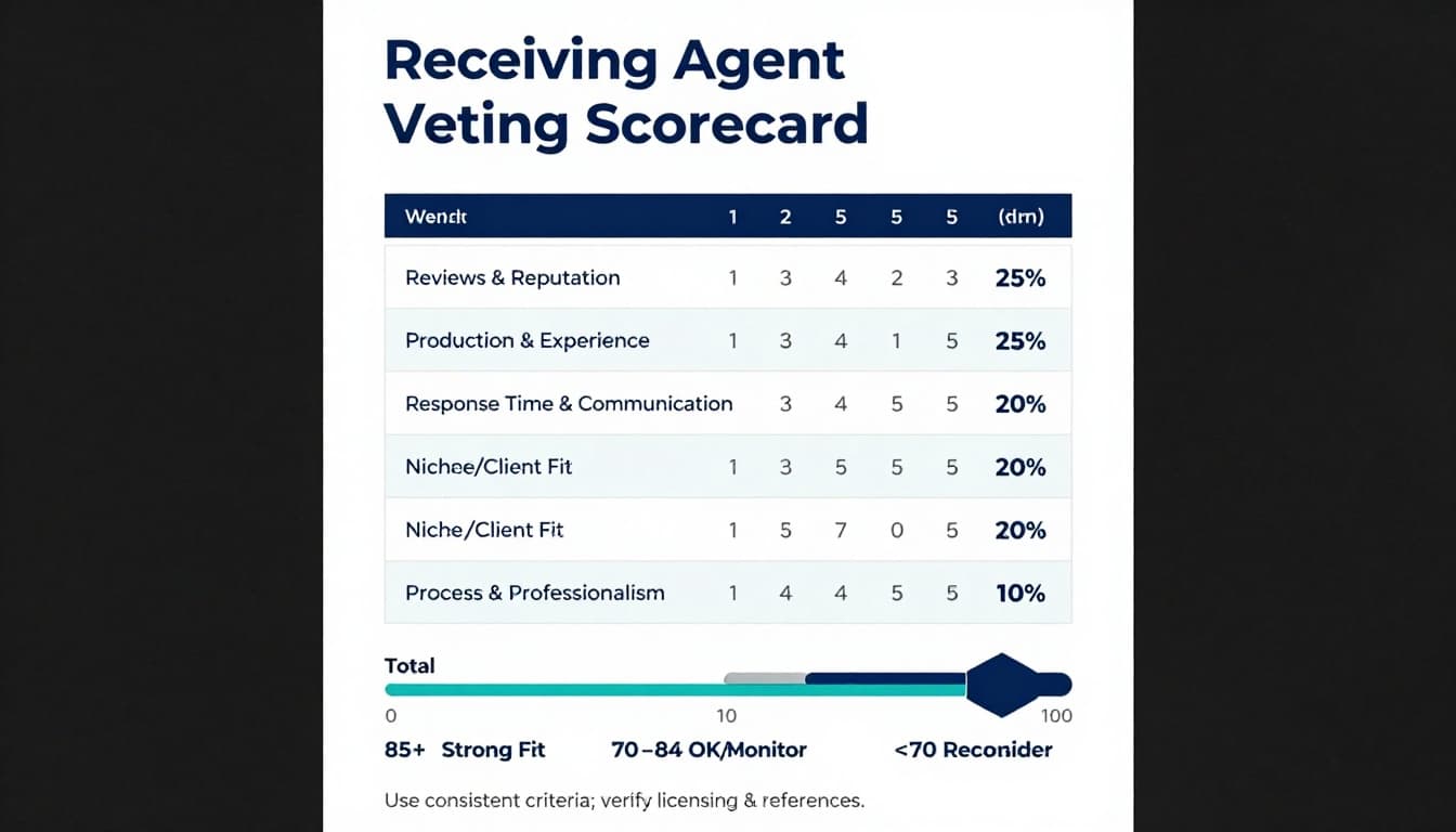 A clean, modern infographic presenting a Receiving Agent Vetting Scorecard for real estate referrals, featuring a weighted table with criteria including reviews, production, response time, niche fit, and professionalism, a 1-5 scoring scale, total score bar with fit thresholds, and a footer note on verification.