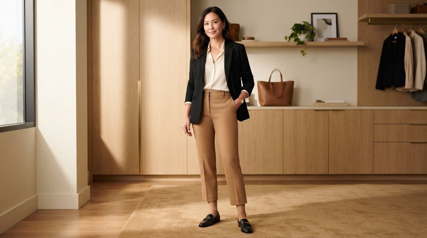 Woman in hosiery, cropped camel trousers, and black loafers in a warm office setting.