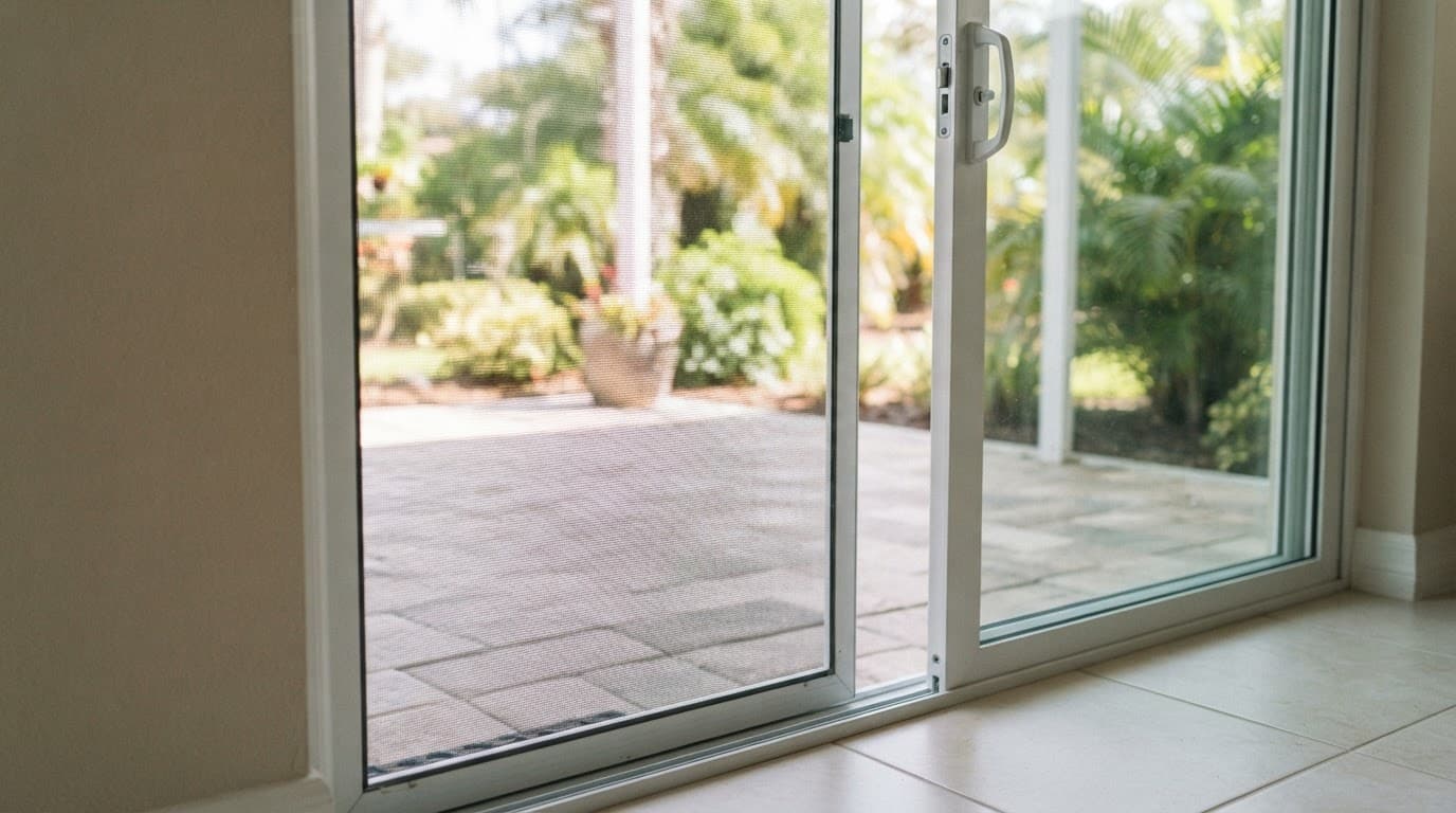 Repaired charcoal screen door beside a clean retrofit handle on a sunny patio.
