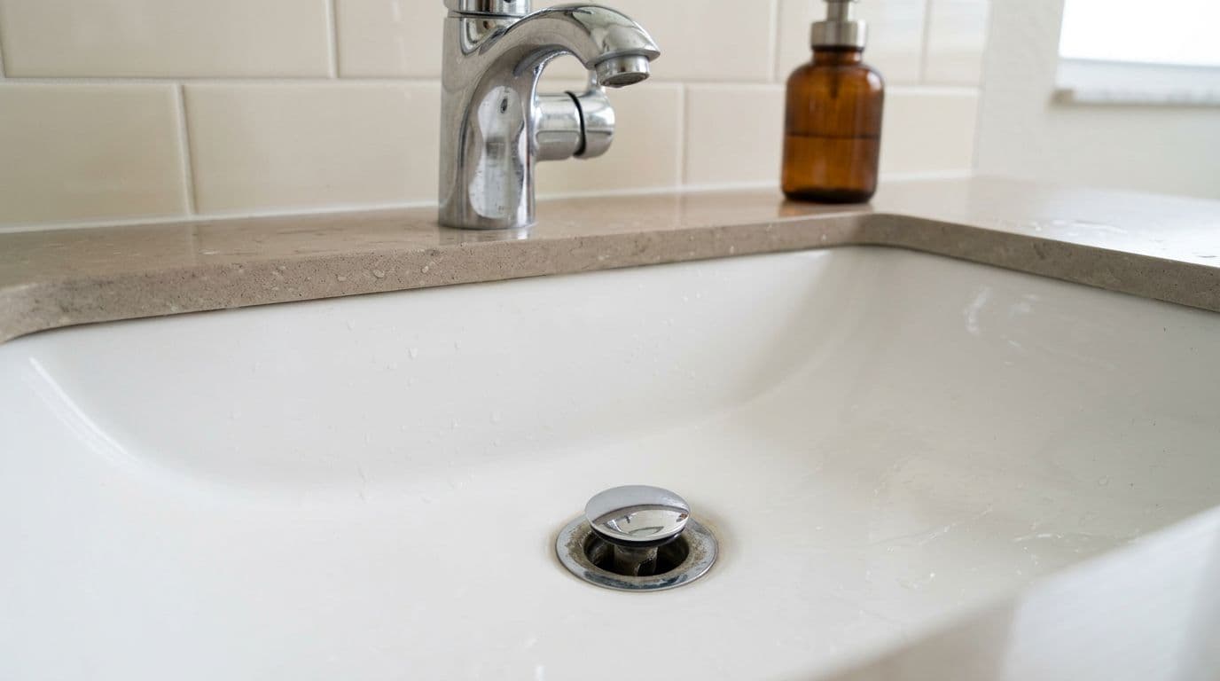 Photorealistic residential bathroom sink drain with subtle visual cues of biofilm slime buildup at the edge and inside the pipe opening. Clean composition in neutral tones with soft even lighting, ideal for home services blogs.