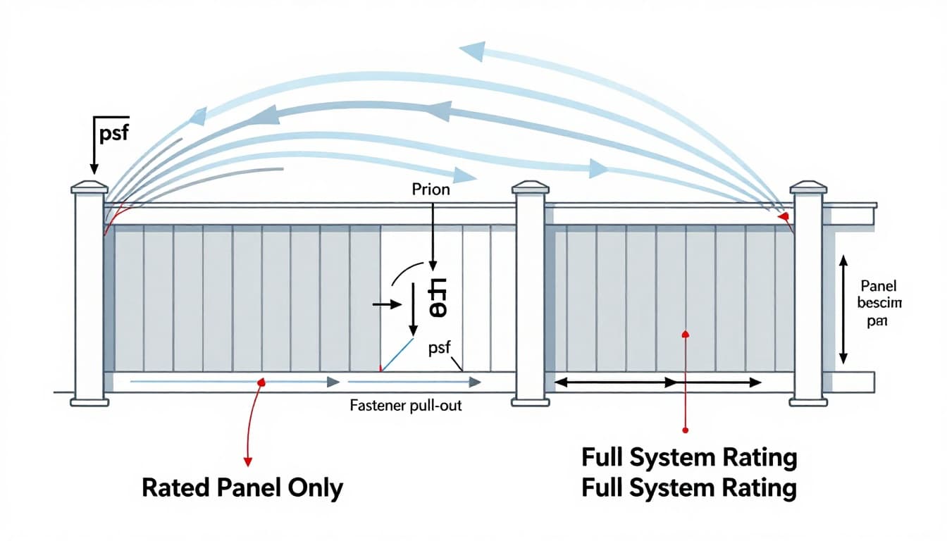 Technical vector infographic depicting wind pressure and suction on a residential fence section, with failure points highlighted and side-by-side comparison of panel-only versus full system ratings.