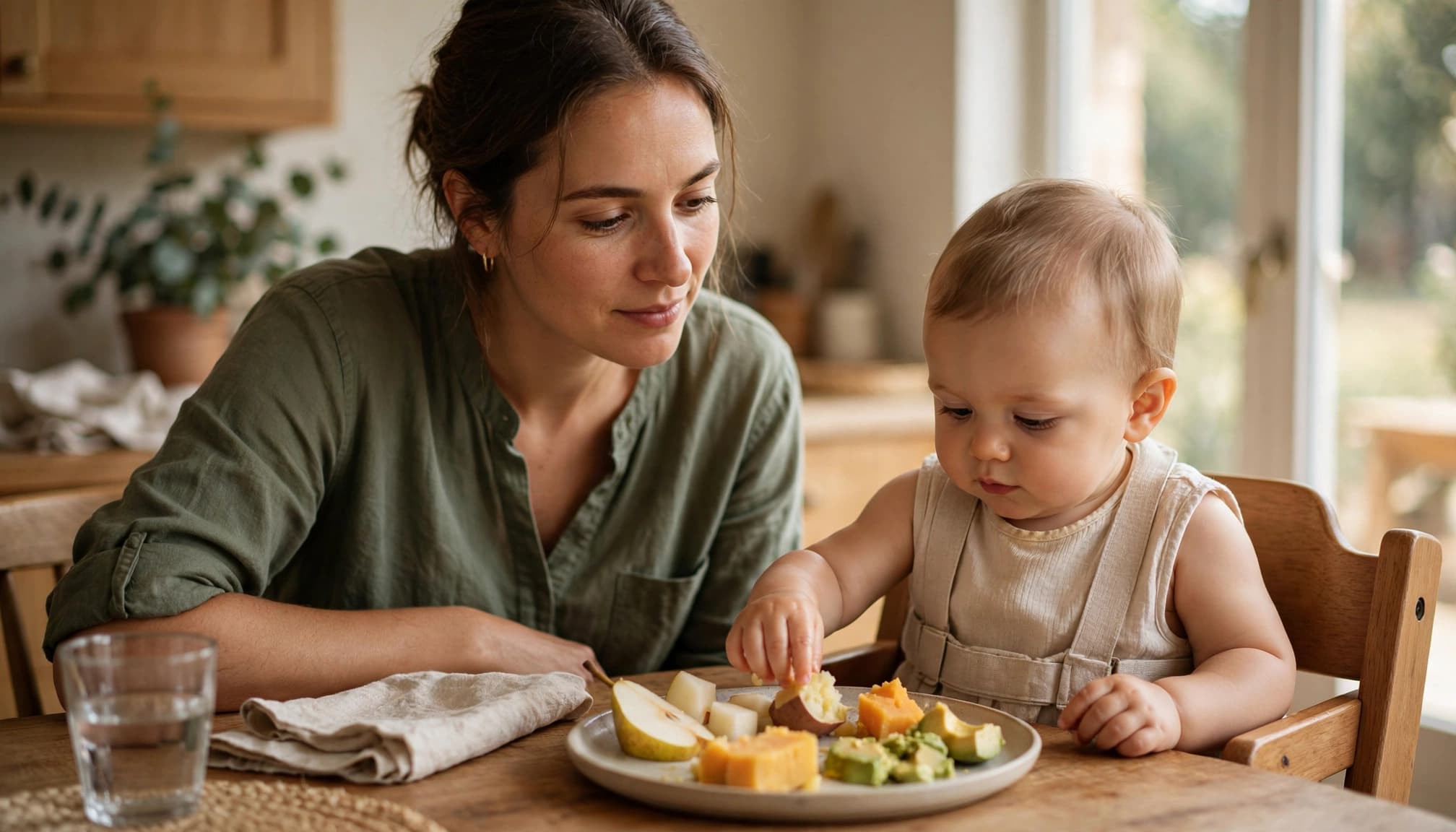 Mother watches as baby explores avocado, sweet potato, and pear at a sunny kitchen table.