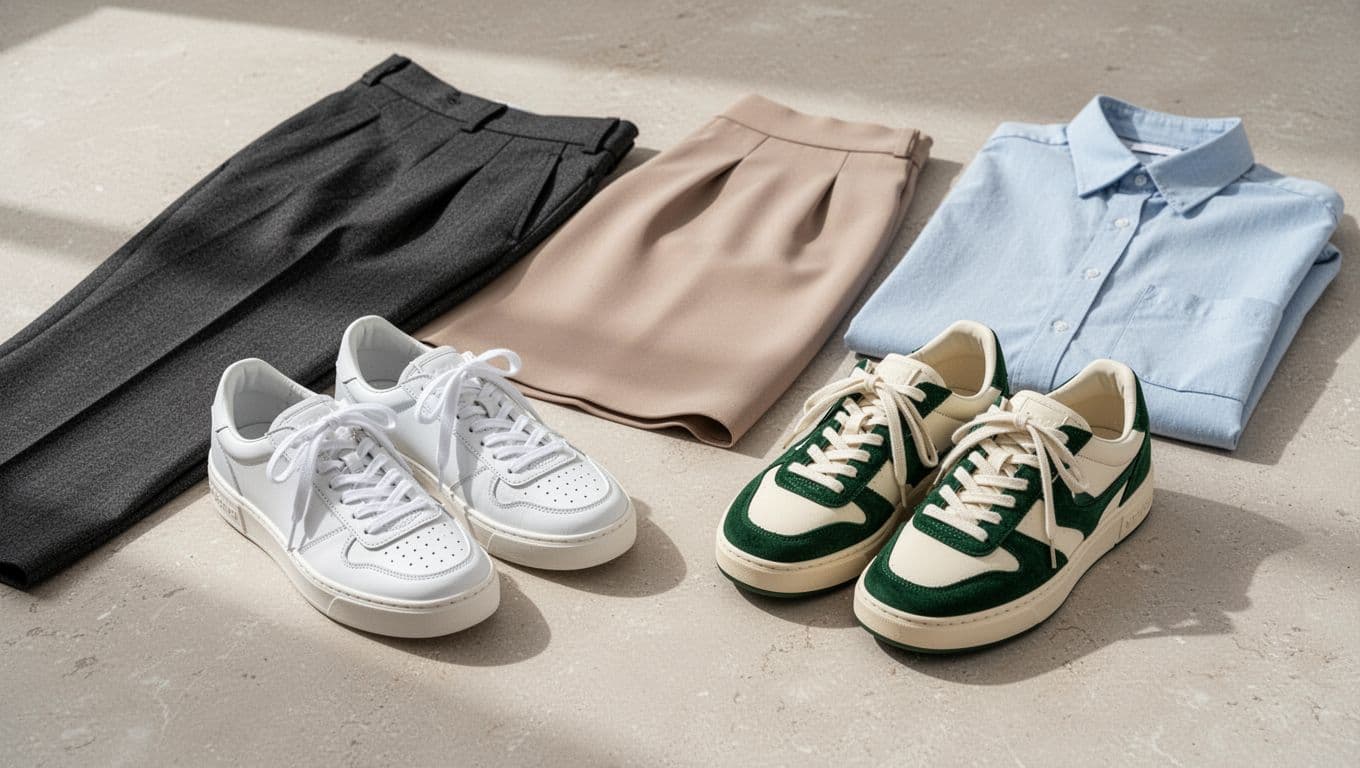 Adidas Samba, Gazelle, and Stan Smith pairs centered beside trousers, a skirt, and a blue shirt, with no people or unrelated sneaker models.