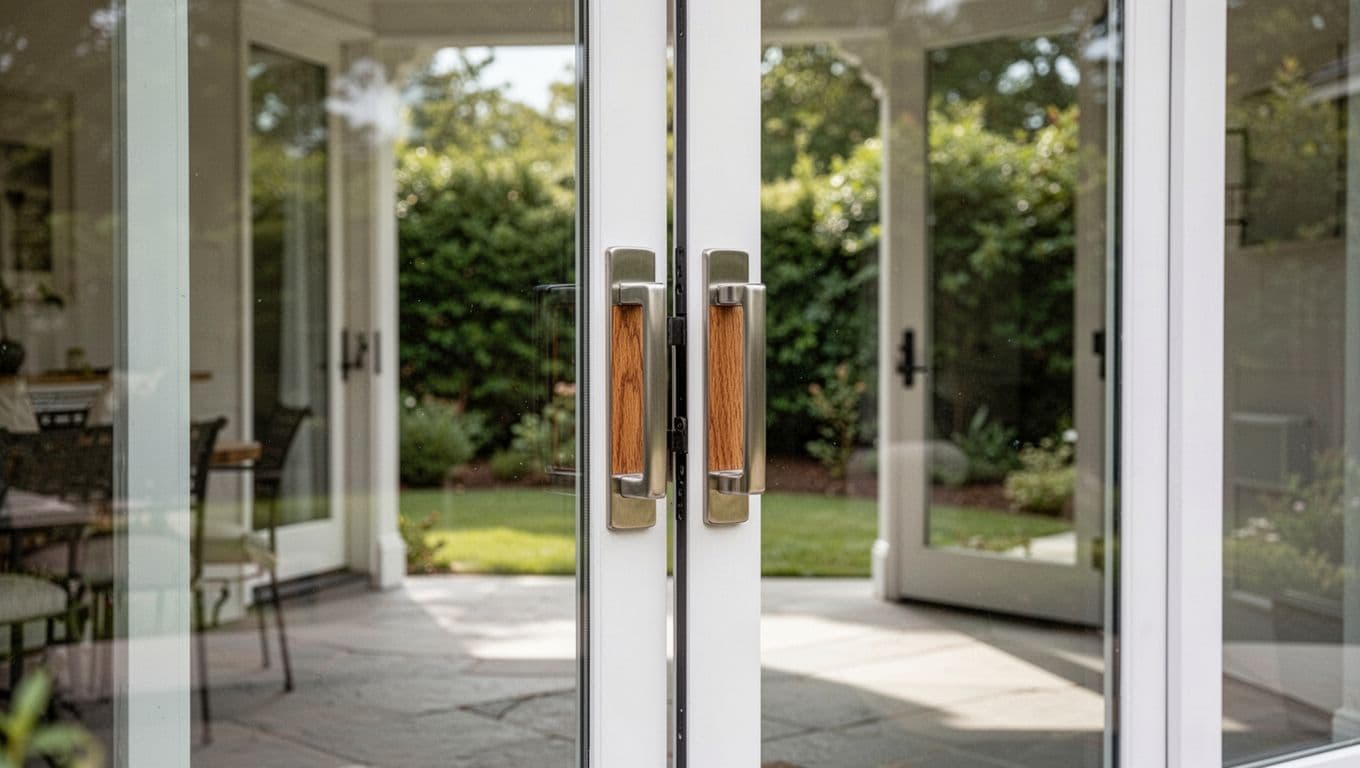 Close view of a steel and oak handle on a white-framed glass patio door with greenery outside.