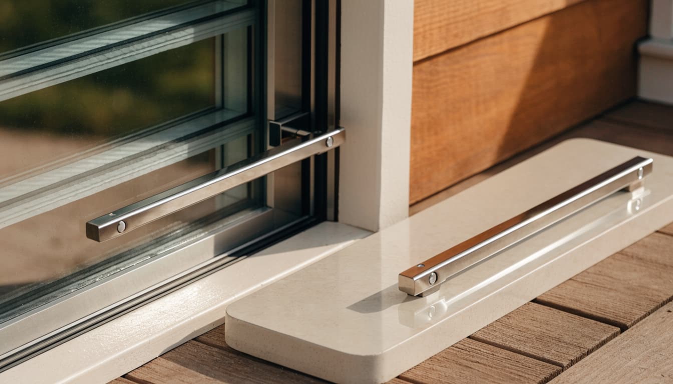 A patio door with an installed handle and a matching replacement part nearby.