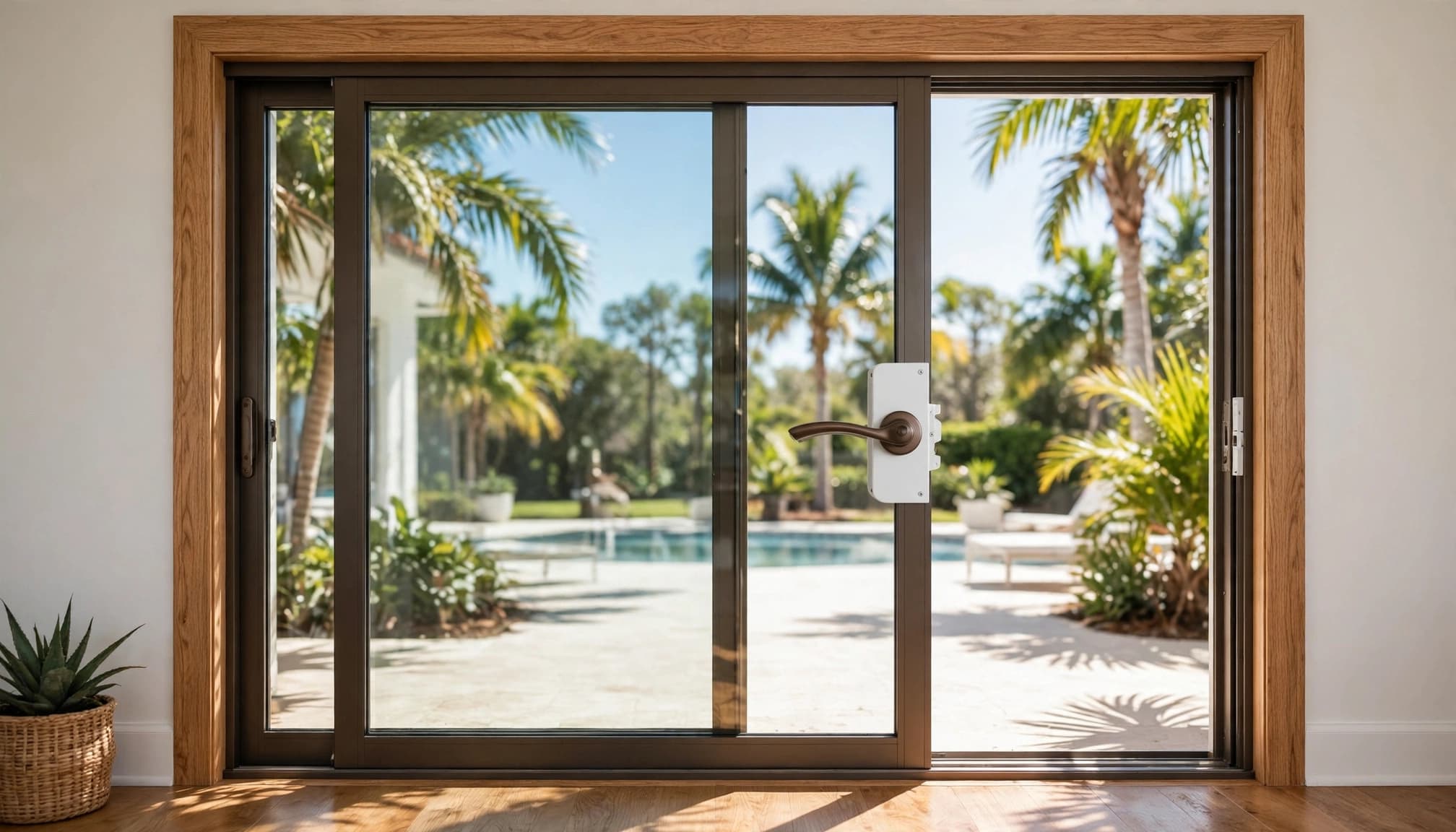 Closed glass patio door with a contemporary bronze-and-white replacement handle.