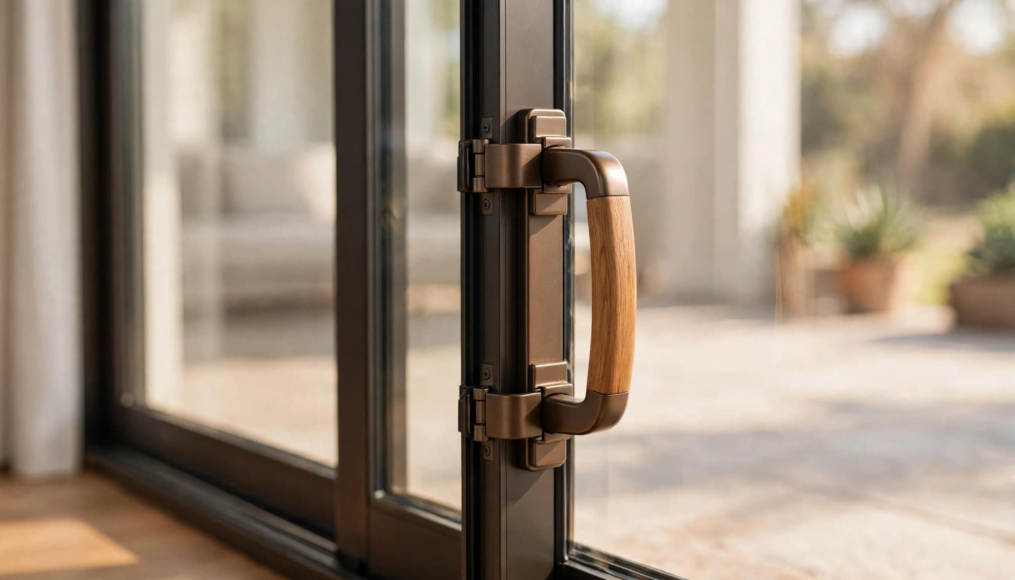 A mounted bronze and oak handle on a sliding glass patio door.