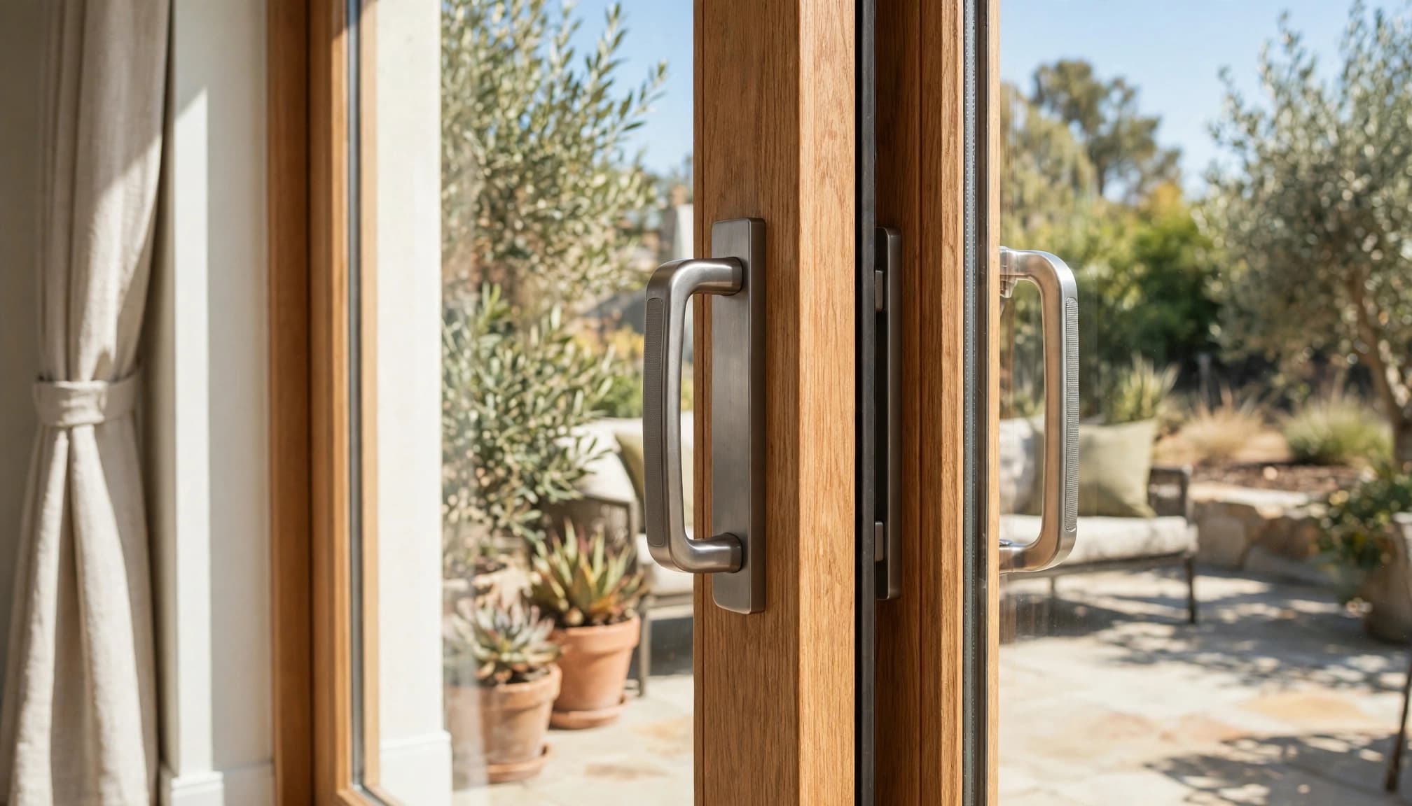 Retrofit handle set installed on a closed sliding glass patio door.
