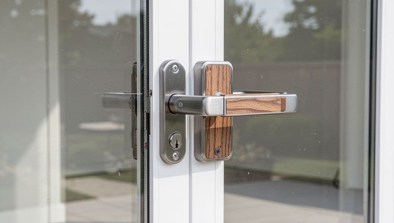 Retrofit handle aligned over existing hardware on a white sliding glass door.